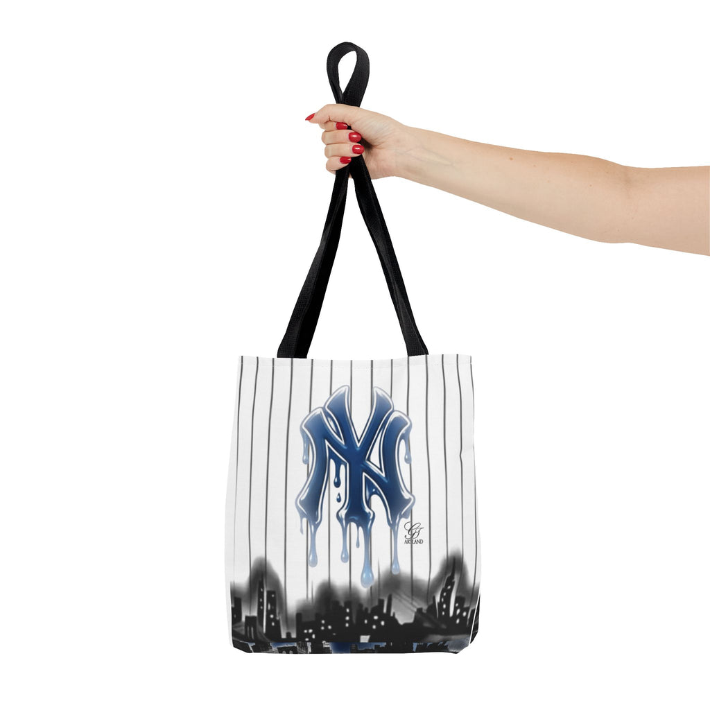 Drip NY Fan Gear Logo Pinstripe Tote Bag — Urban Baseball Cityscape by GT Artland
