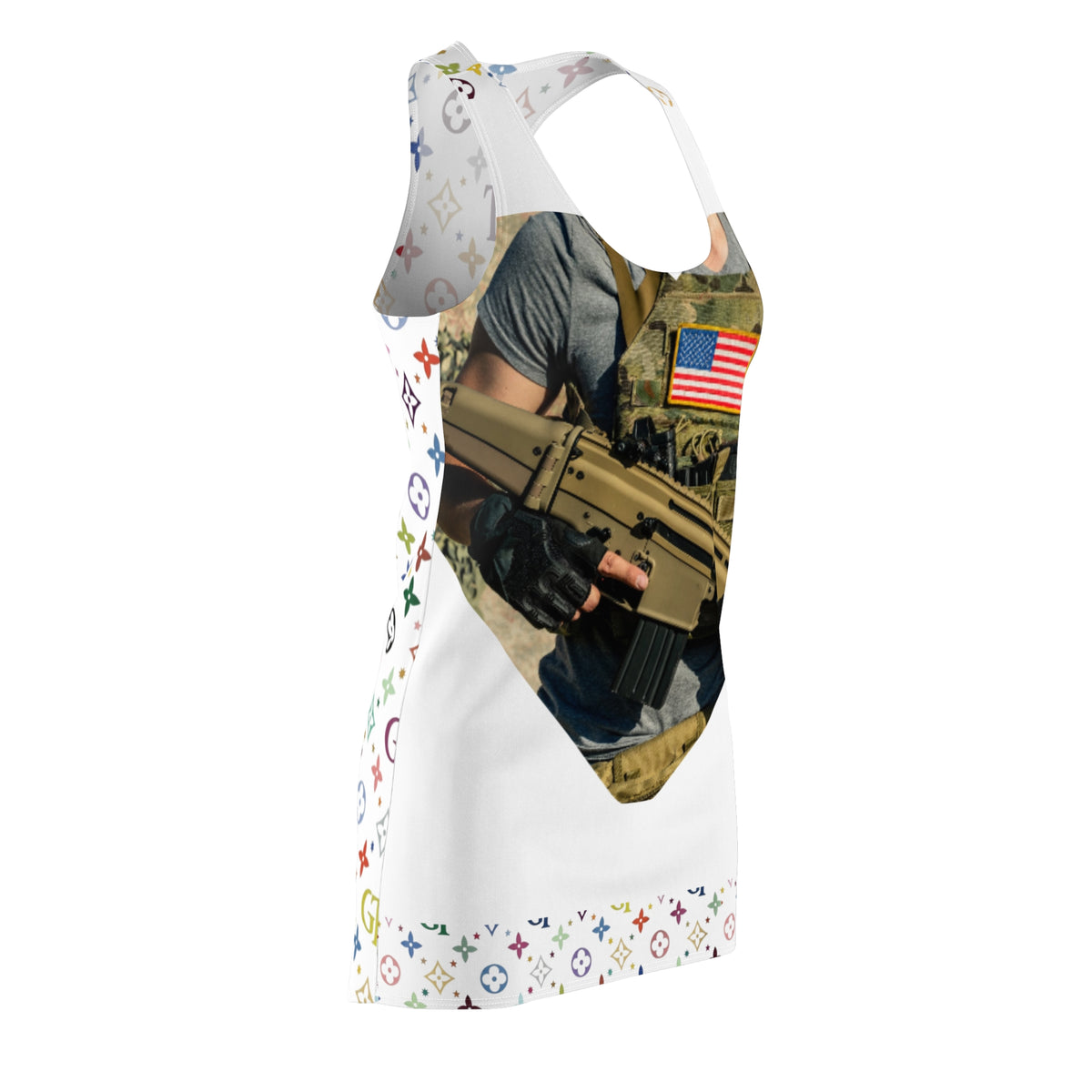 Women's Racerback Dress – American Flag Tactical Camo & Designer-Inspired Monogram Print