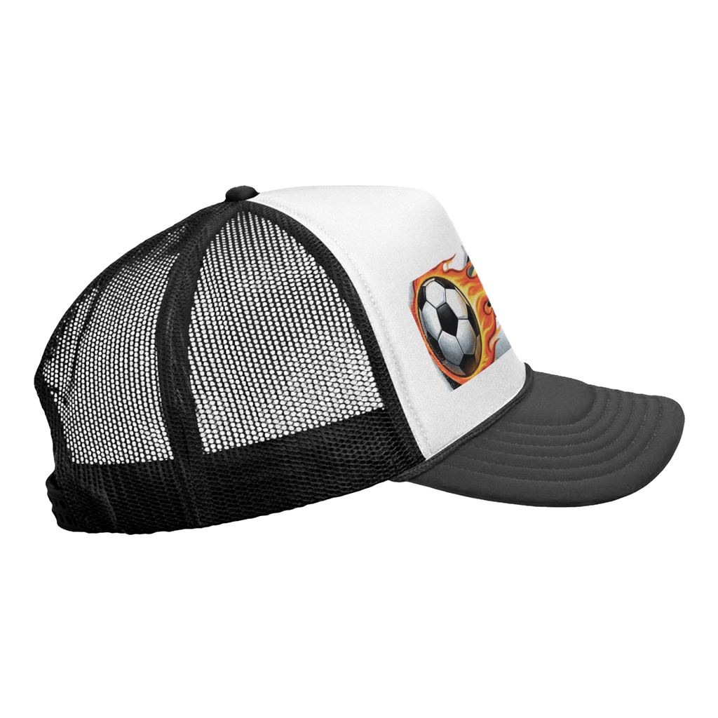 Flaming Airbrush Soccer Ball Designer Urban Trucker Hat - Black/White by GT Artland