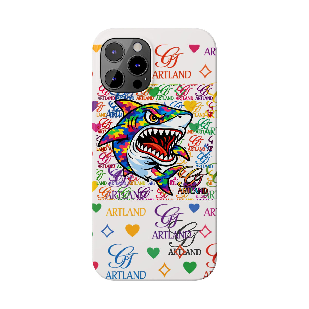 Colorful Designer Shark GT Illustration Slim Phone Case | Rainbow Logo Pattern by GT Artland