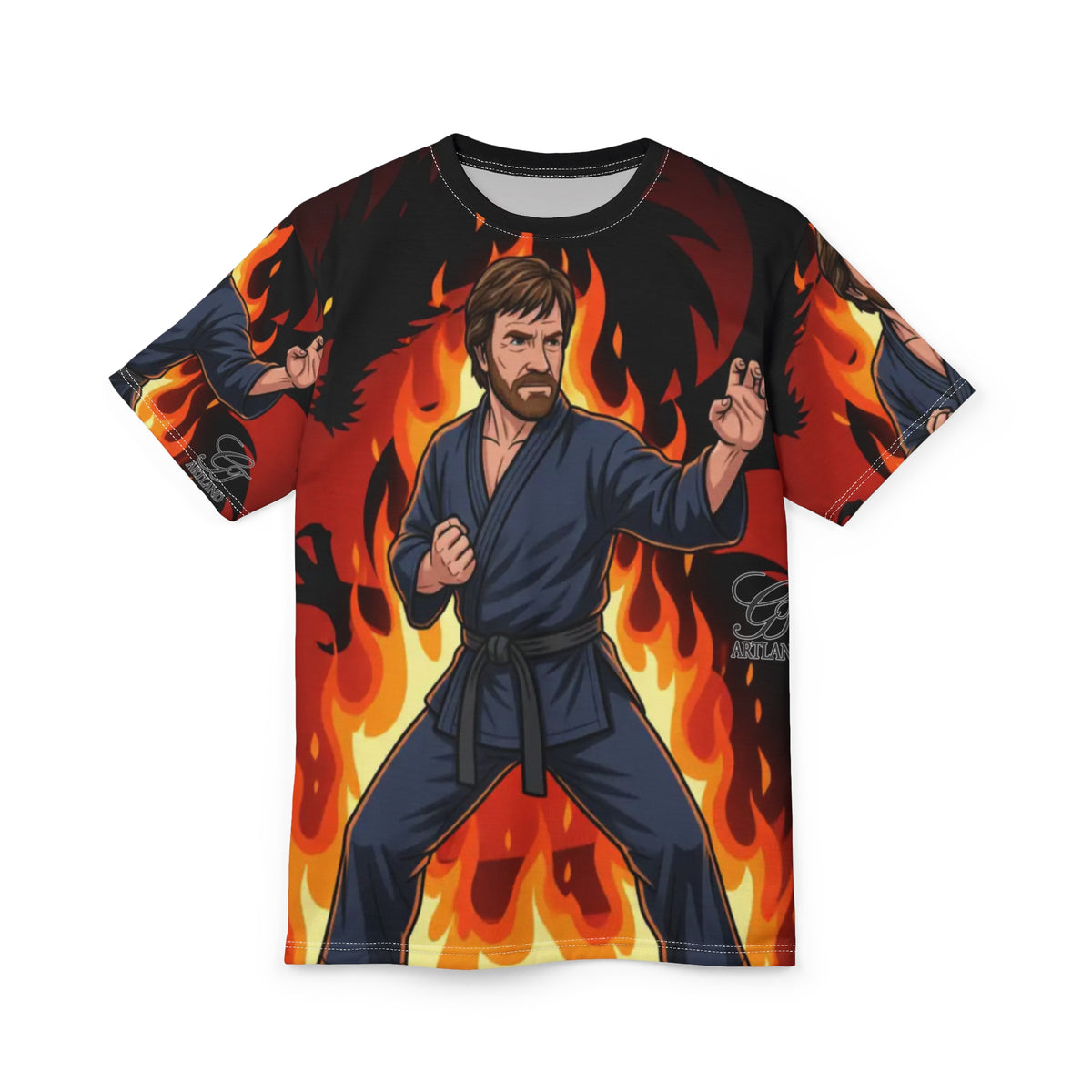 Martial Artist Chuck Norris in Flames Tee | Karate Warrior Deluxe Print T-Shirt by GT Artland