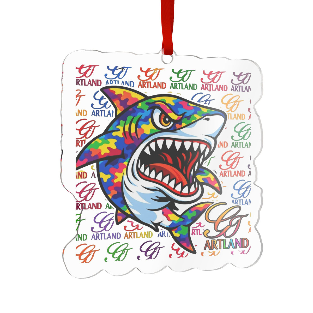 Custom Cut Acrylic Ornament – Colorful Shark Mascot Design by GT Artland