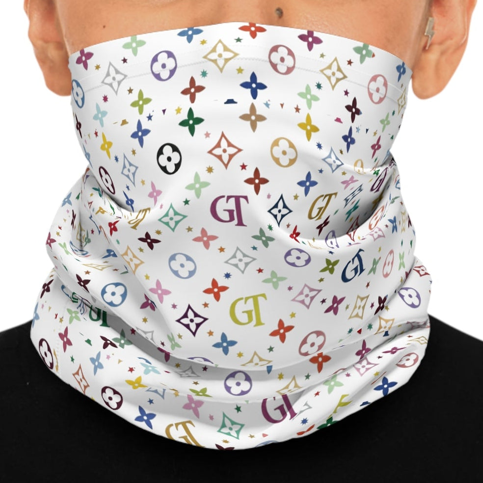 Colorful Monogram Pattern Neck Gaiter — Rainbow Logo Print Midweight Face Scarf by GT Artland