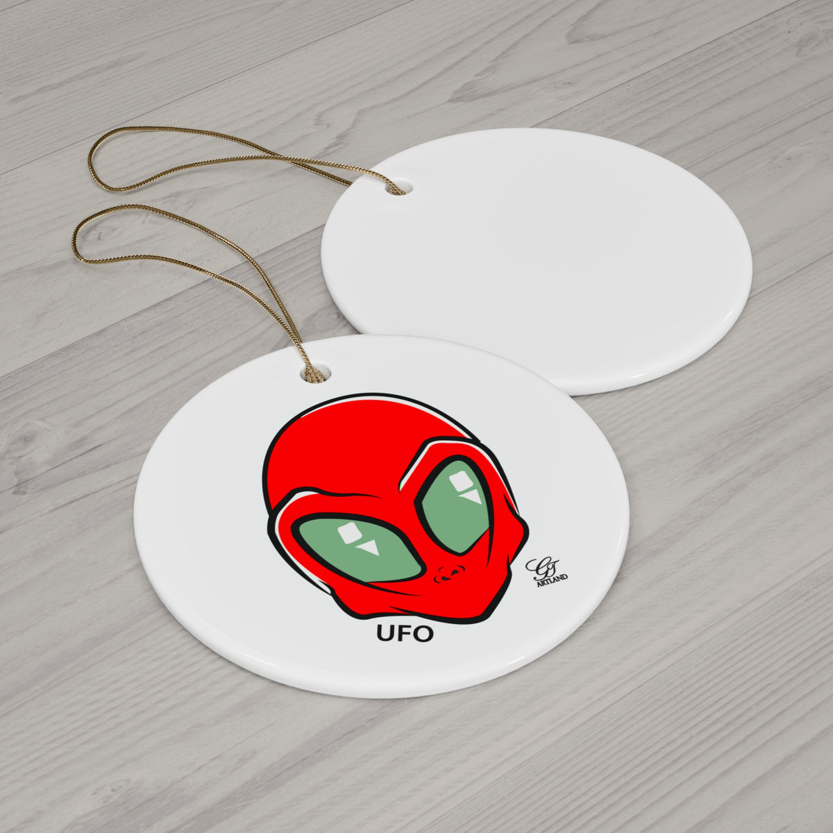 Alien UFO Ceramic Ornament — Red Alien Head Holiday by GT Artland