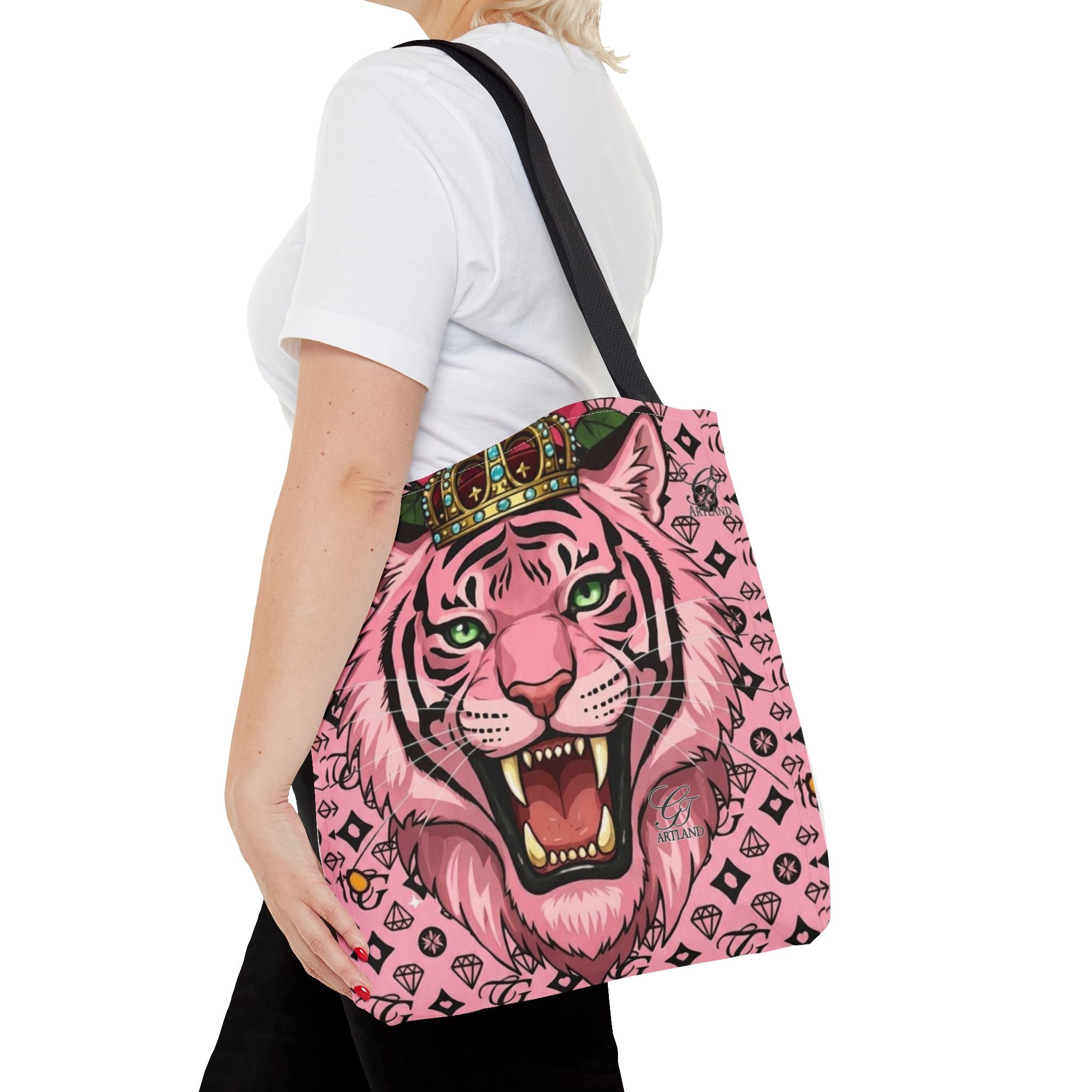 Pink Crowned Designer Elite Tiger Tote Bag — Bold Feminine Statement Shopper by GT Artland