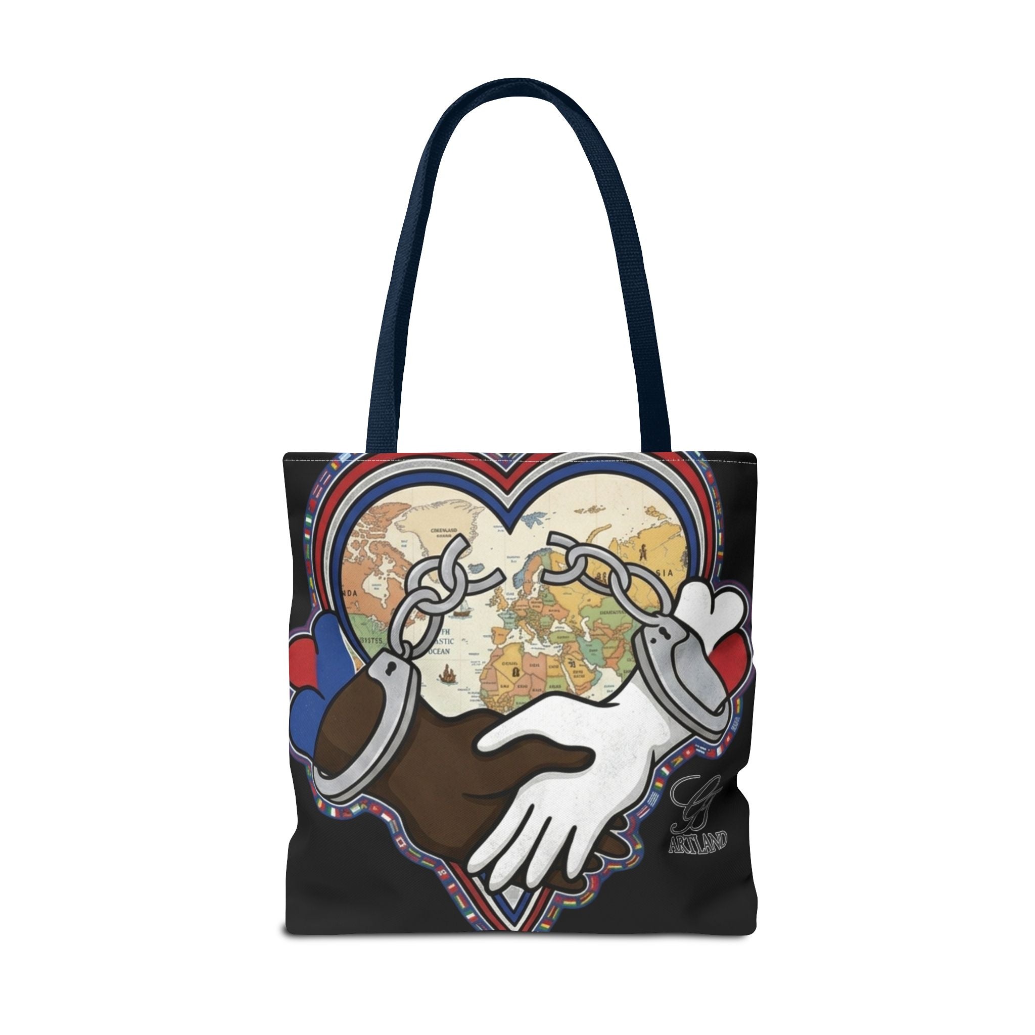 Interracial Unity Heart Handcuffs Tote Bag | All-Over Print by GT Artland