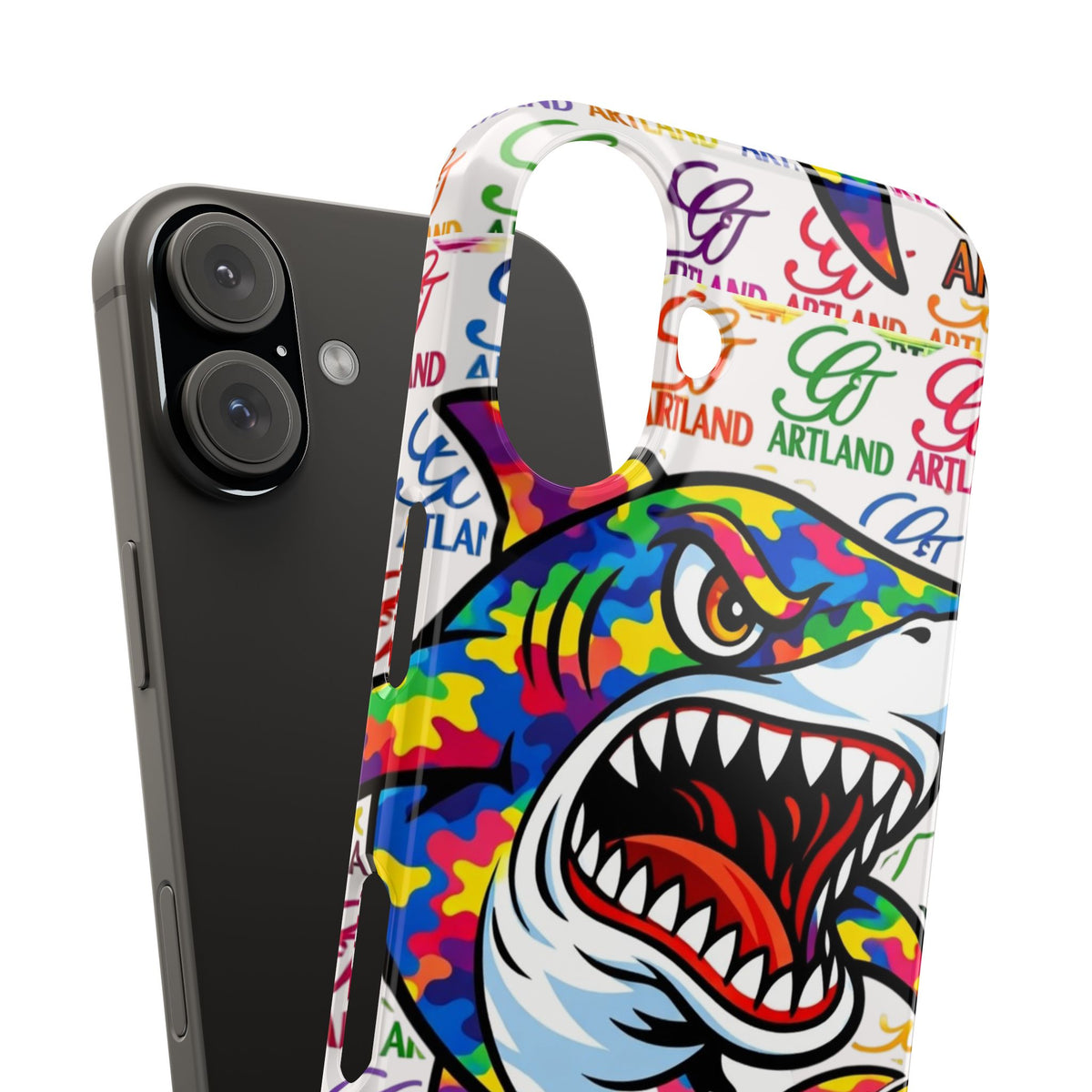 Colorful Camo Designer Shark GT Slim Phone Case | Vibrant Graphic, Artland Logo Background by GT Artland