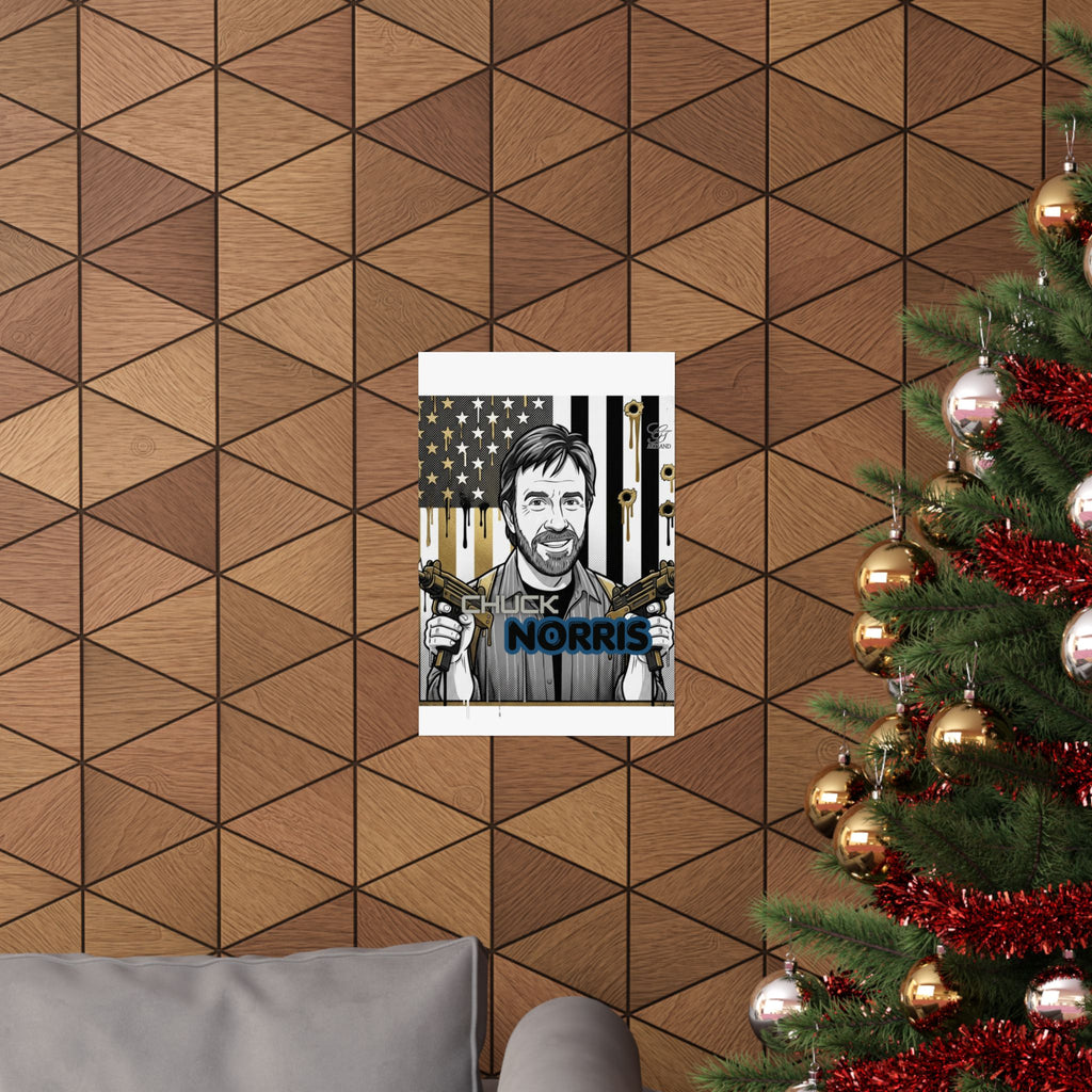 Action Hero Portrait Matte Vertical Poster | Retro Flag, Guns, Bullet Holes by GT Artland