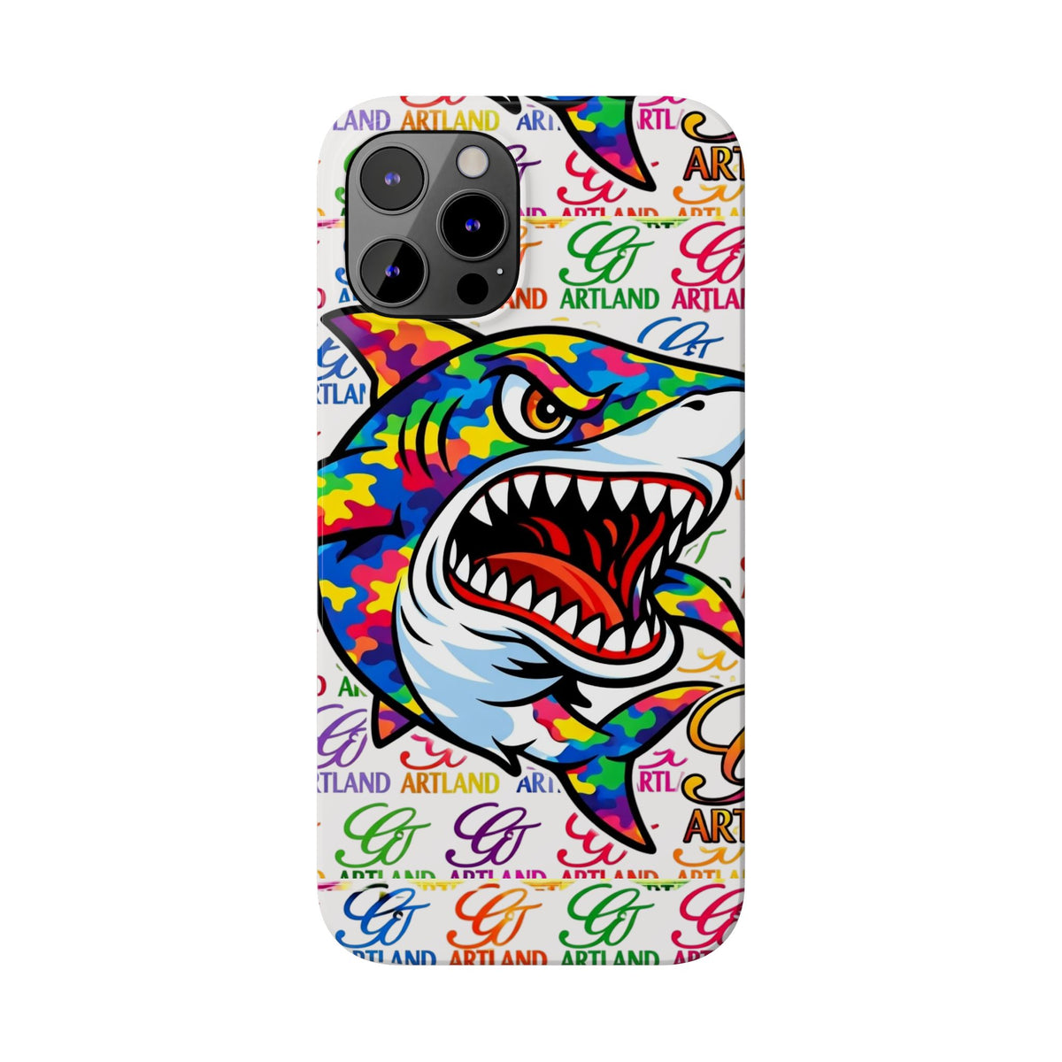 Colorful Camo Designer Shark GT Slim Phone Case | Vibrant Graphic, Artland Logo Background by GT Artland