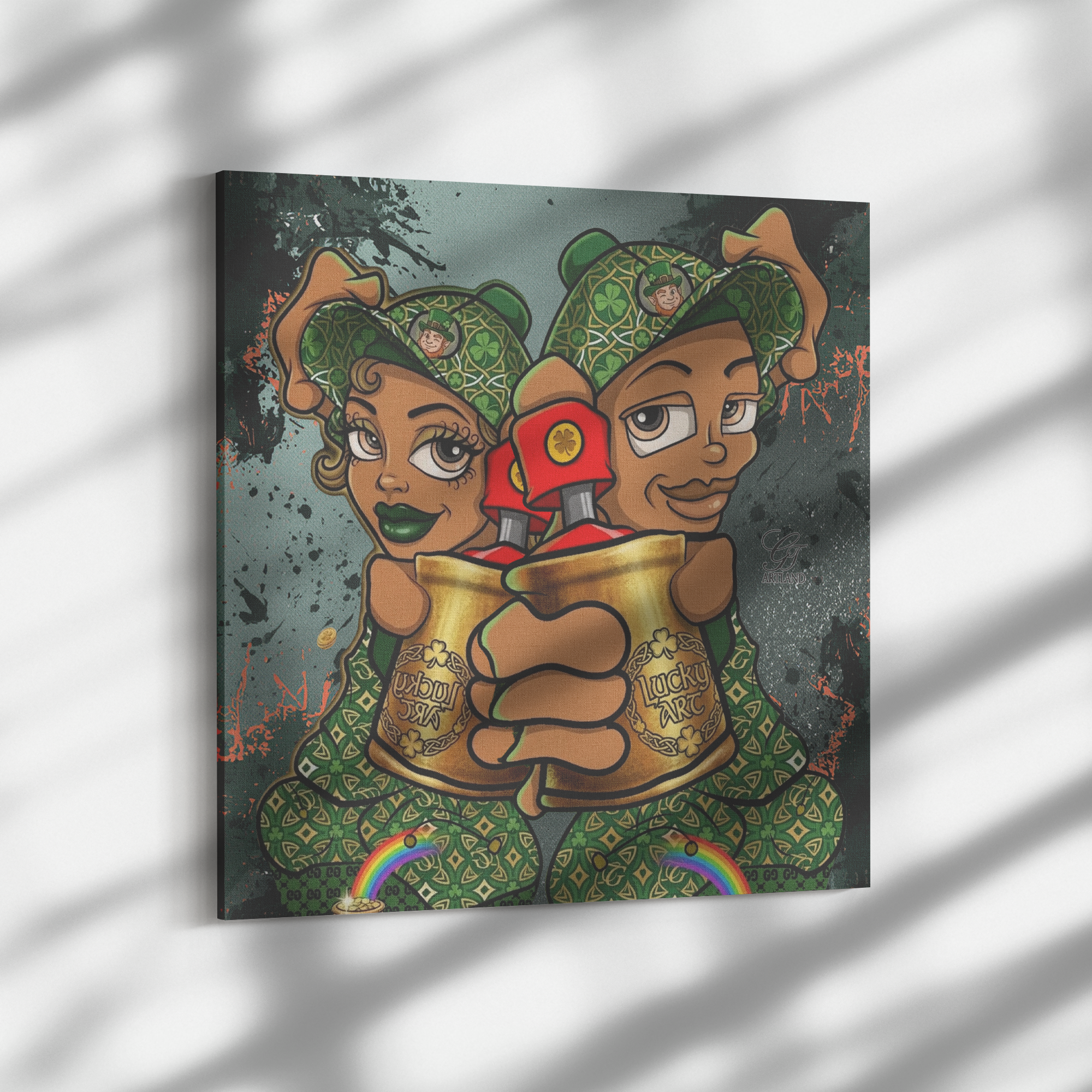 Spray Can Ebony Couple Designer Lucky Art Saint Patrick's Day Theme  Canvas Wrap by GT Artland