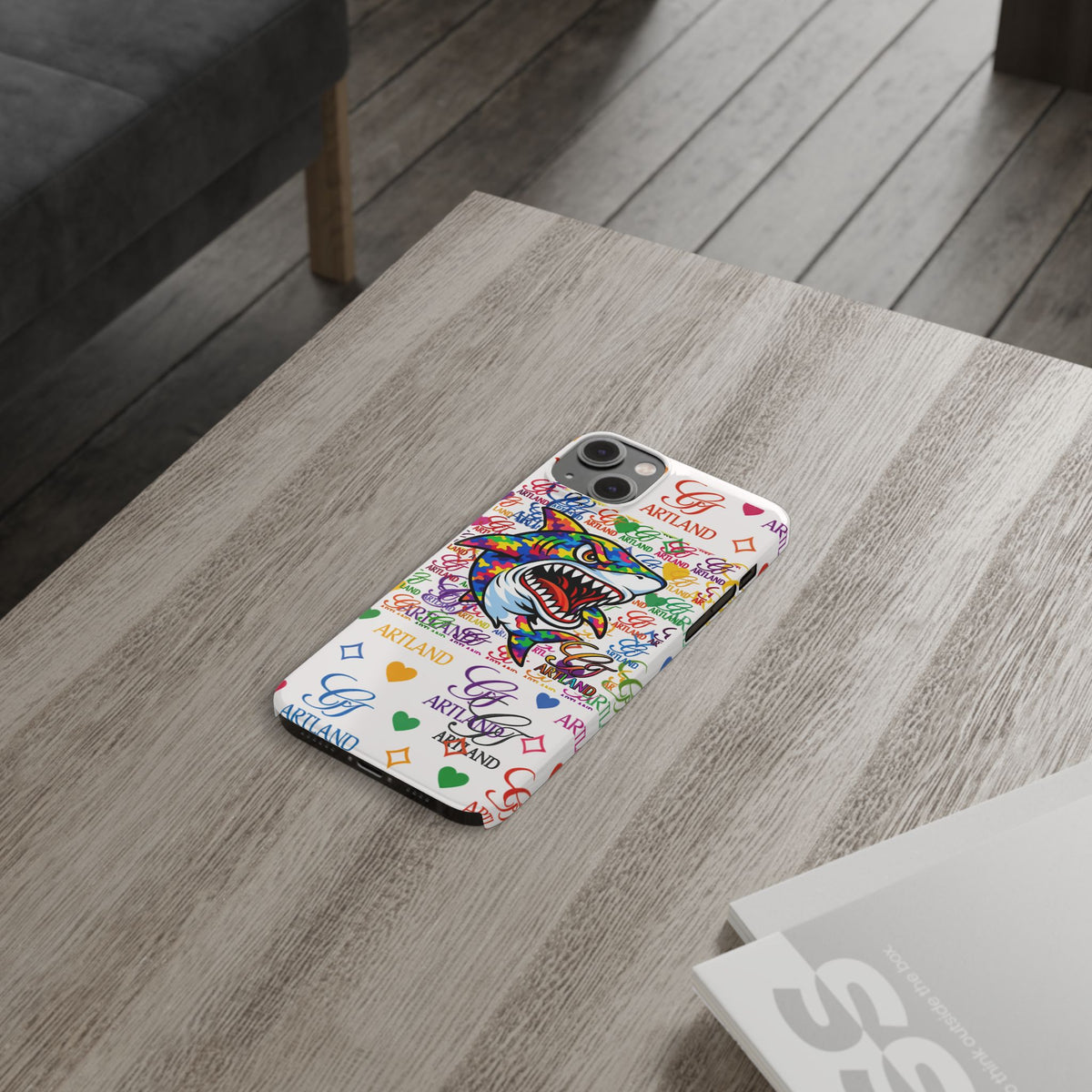 Colorful Designer Shark GT Illustration Slim Phone Case | Rainbow Logo Pattern by GT Artland