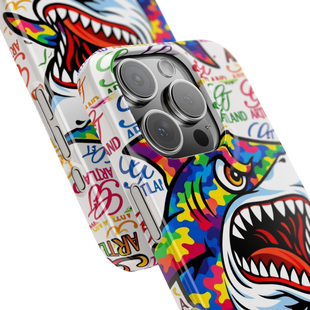 Colorful Camo Designer Shark GT Slim Phone Case | Vibrant Graphic, Artland Logo Background by GT Artland