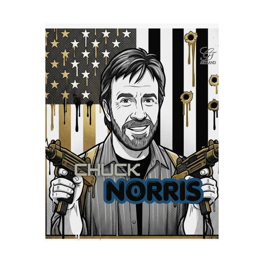 Action Hero Portrait Matte Vertical Poster | Retro Flag, Guns, Bullet Holes by GT Artland