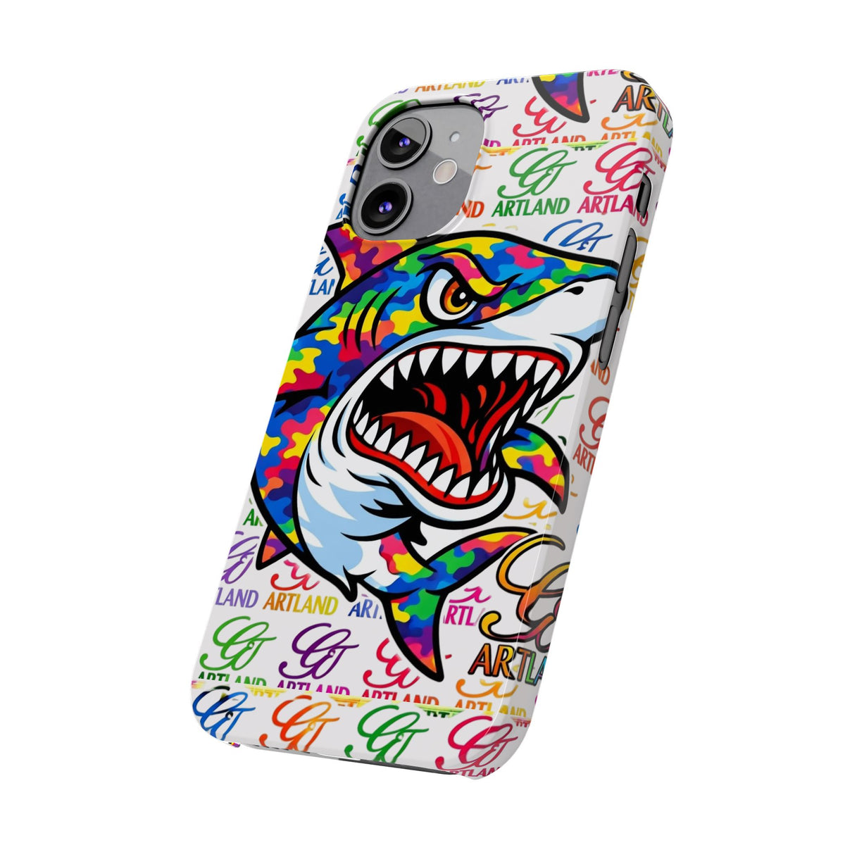 Colorful Camo Designer Shark GT Slim Phone Case | Vibrant Graphic, Artland Logo Background by GT Artland