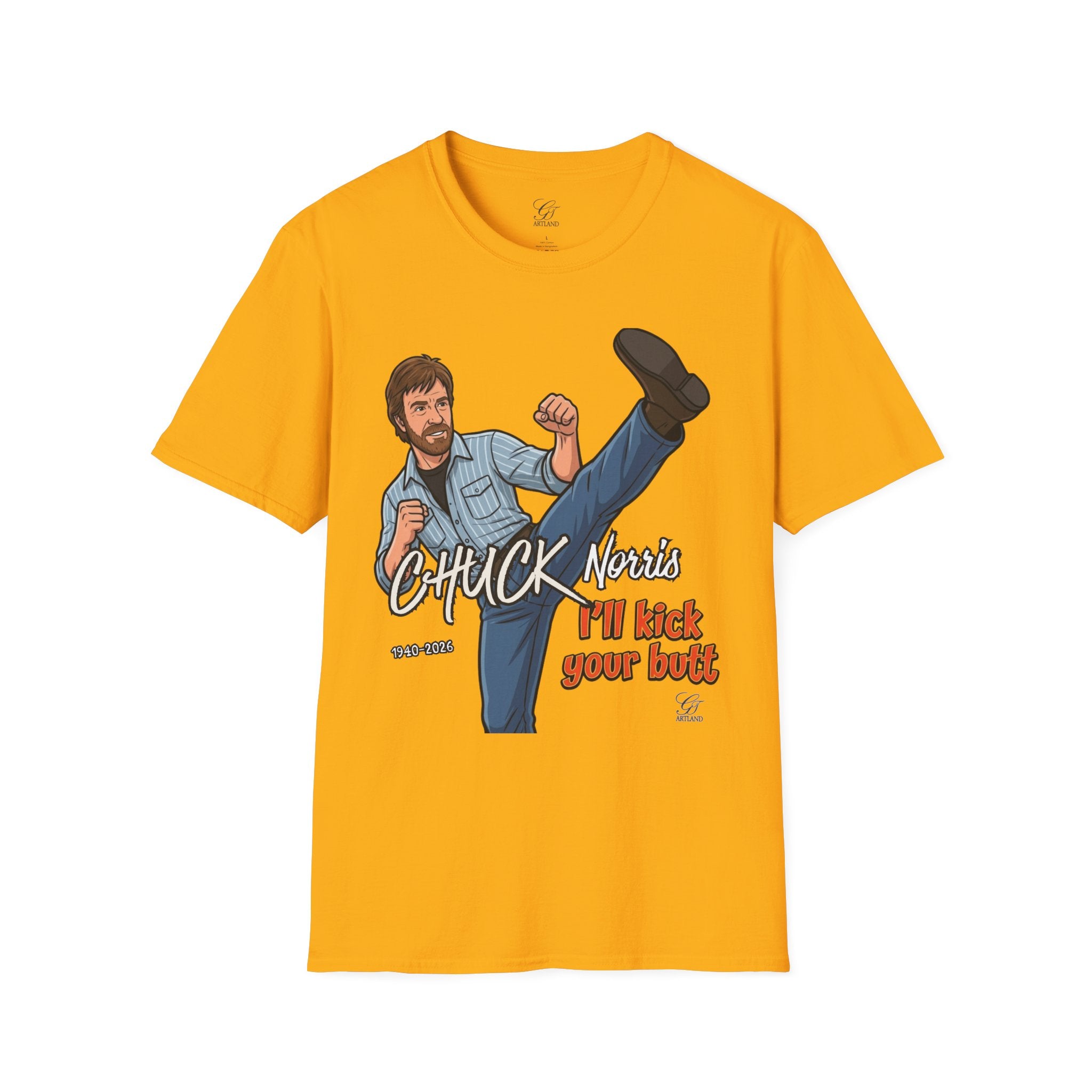 Chuck Norris Kick Illustration T-Shirt | I'll Kick Your Butt text by GT Artland