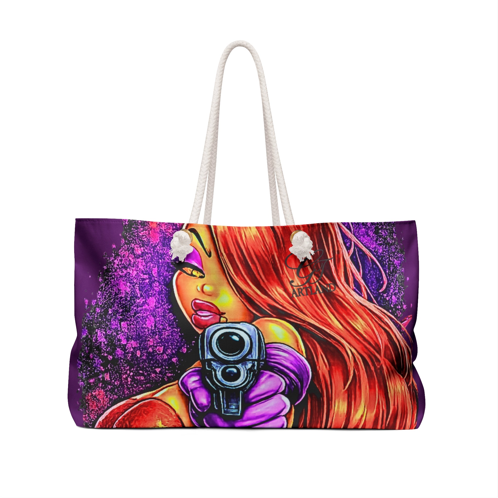 Copy of Rabbit Pin Up Vixen Military Woman Pointing Gun Weekender Bag | Bold Pop Art Illustration by GT Artland