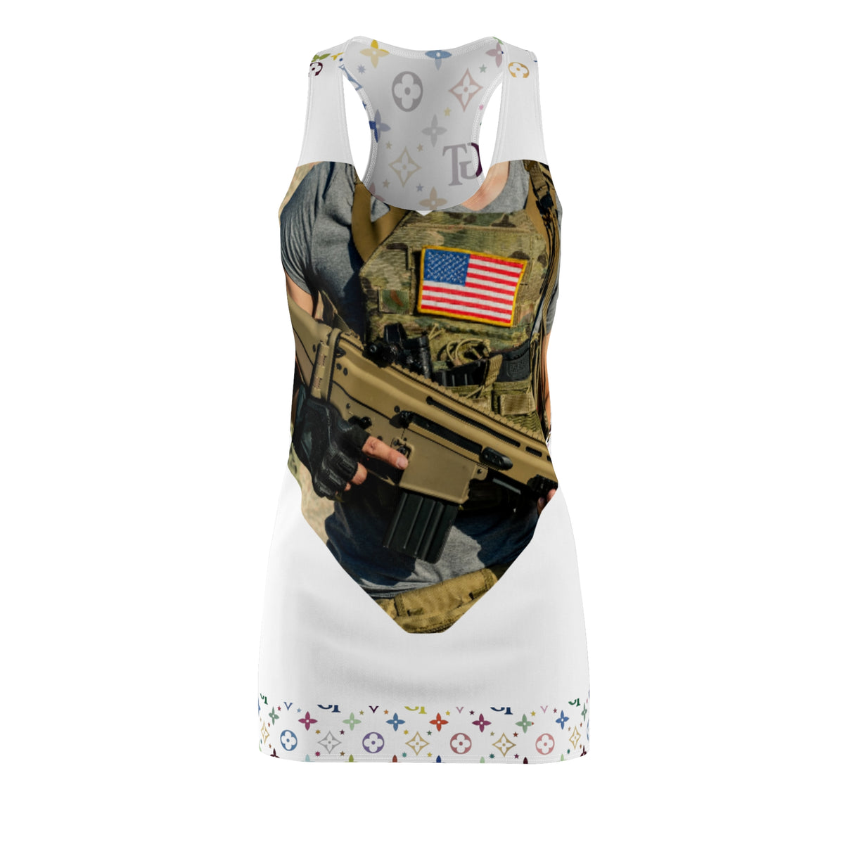 Women's Racerback Dress – American Flag Tactical Camo & Designer-Inspired Monogram Print