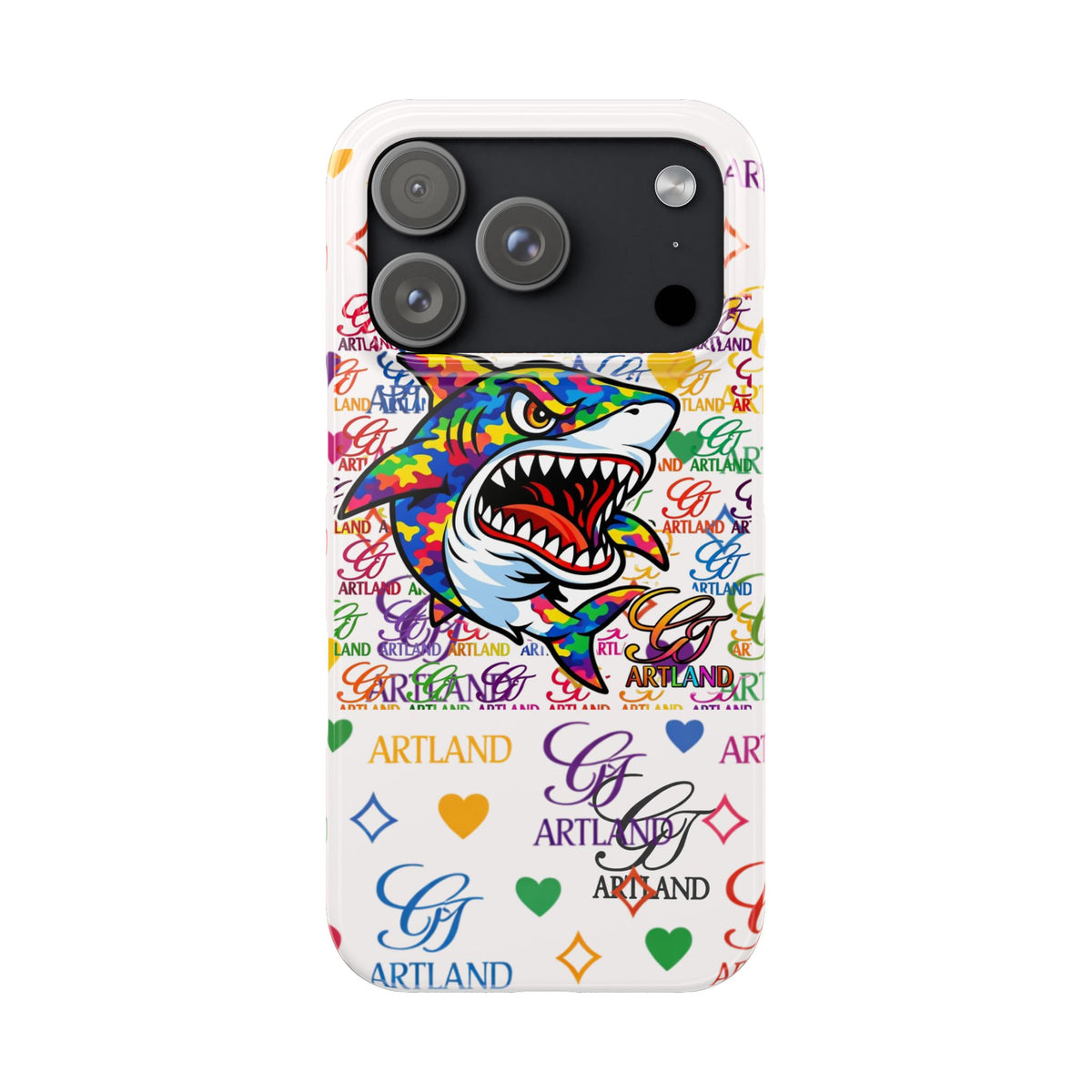 Colorful Designer Shark GT Illustration Slim Phone Case | Rainbow Logo Pattern by GT Artland