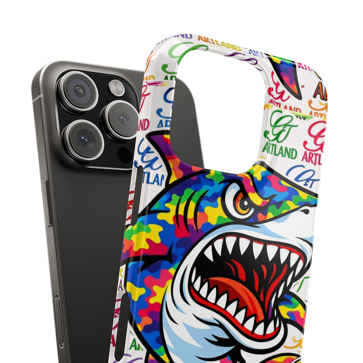 Colorful Camo Designer Shark GT Slim Phone Case | Vibrant Graphic, Artland Logo Background by GT Artland