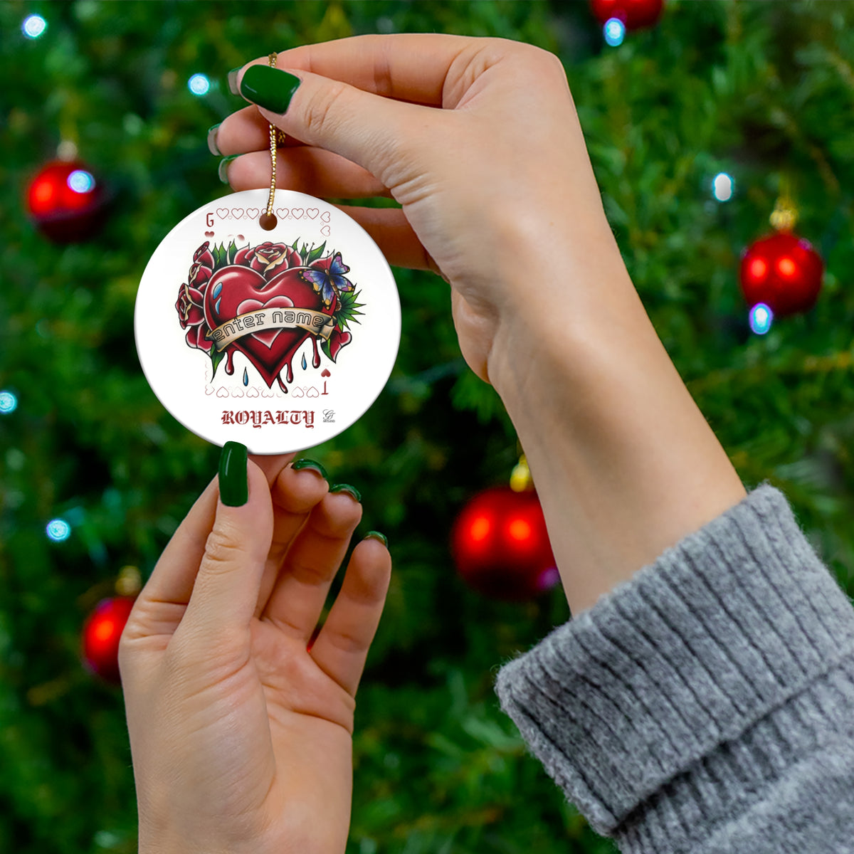 Hearts and Roses Designer Ceramic Ornament — Personalized Ribbon with Custom Name "Royalty" Design by GT Artland