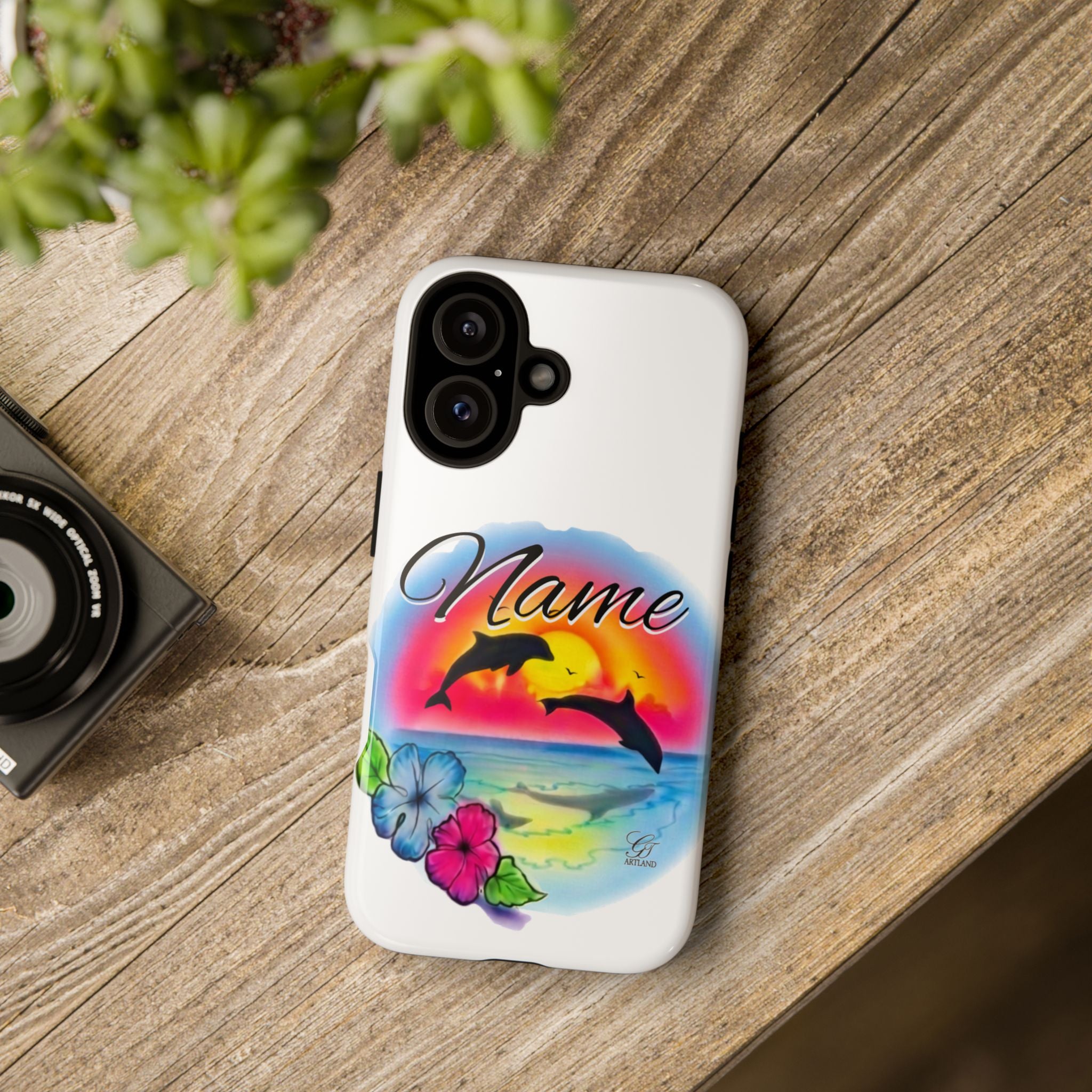 Dolphin Sunset Name Phone Case | Personalized Tough Case, Floral Beach Design by GT Artland