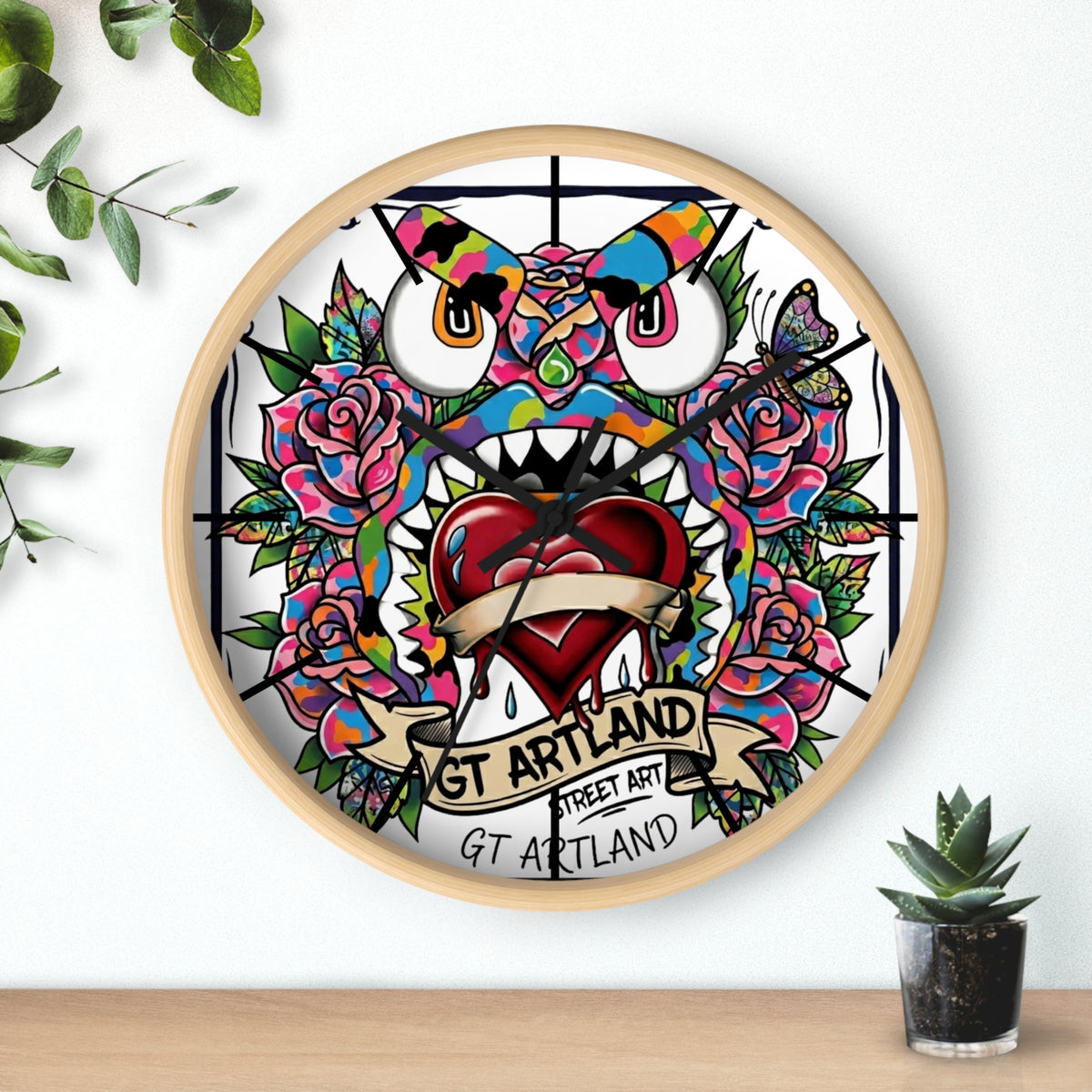 Colorful Tattoo Heart Monster Wall Clock by GT Artland