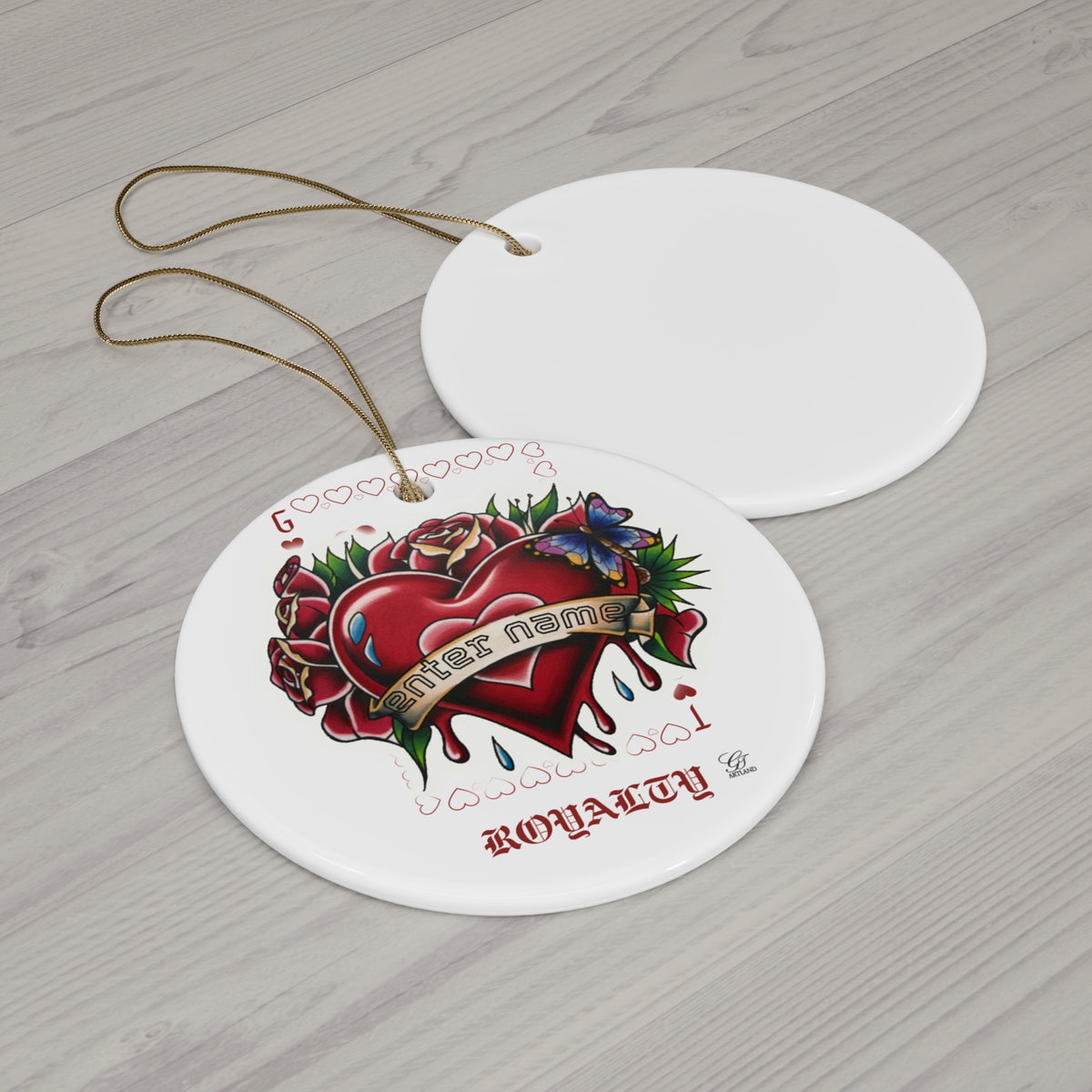 Hearts and Roses Designer Ceramic Ornament — Personalized Ribbon with Custom Name "Royalty" Design by GT Artland