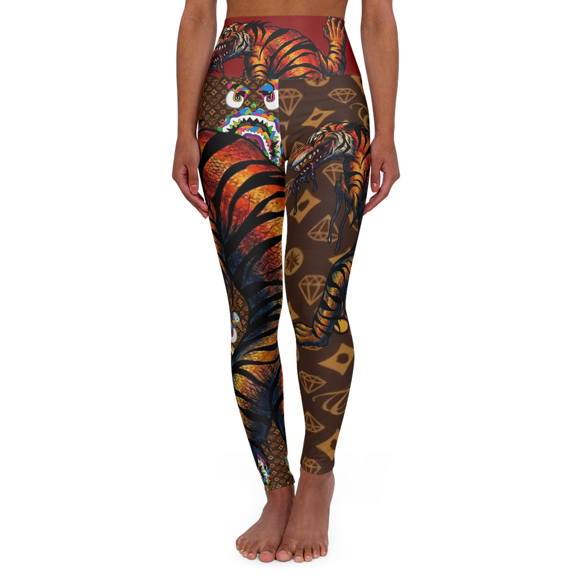 Exotic Tiger Pattern Designer Leggings High Waisted Yoga Leggings | Brown Luxe Monogram by GT Artland