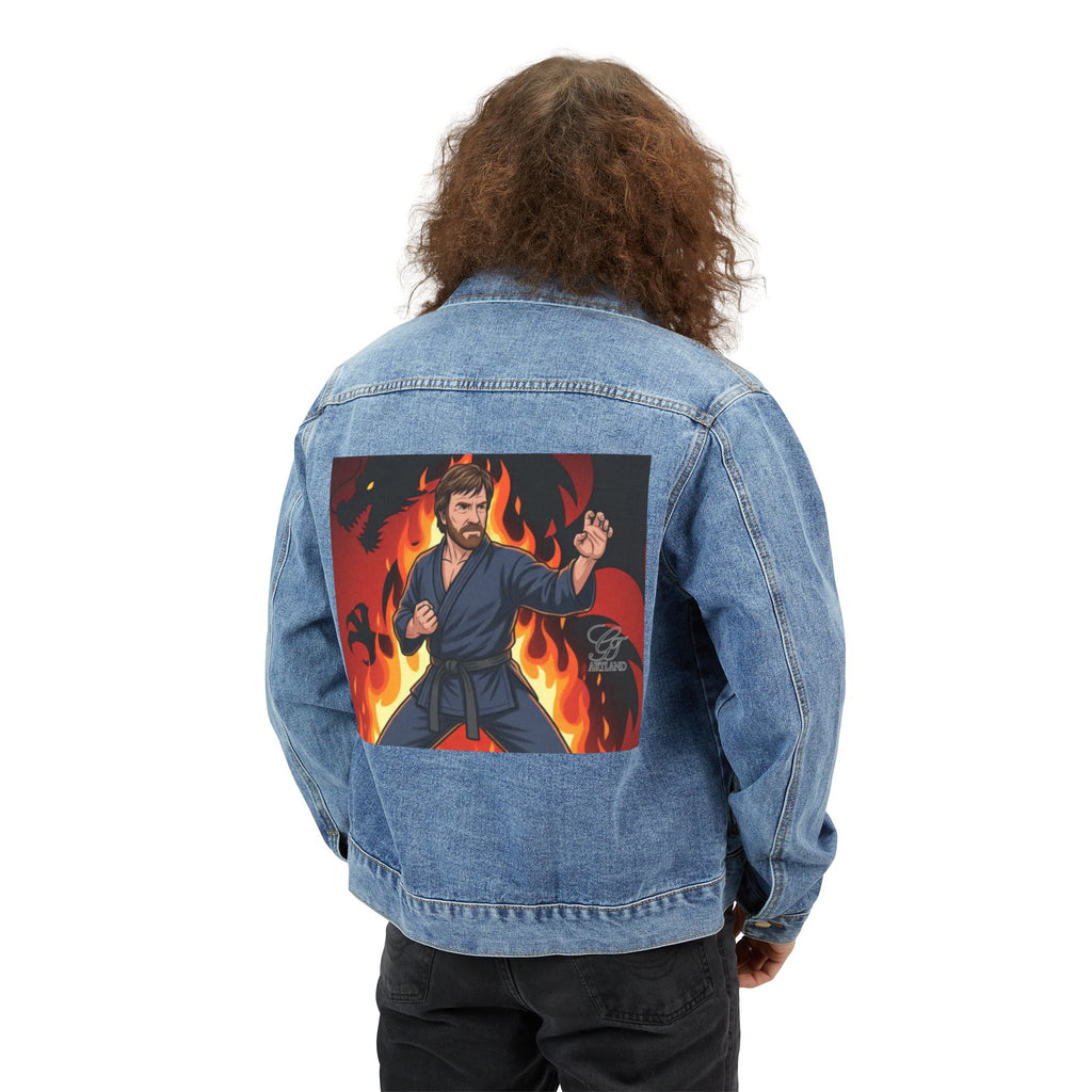Karate Master Chuck Norris Flames Men's Denim Jacket | Martial Arts Back Patch by GT Artland