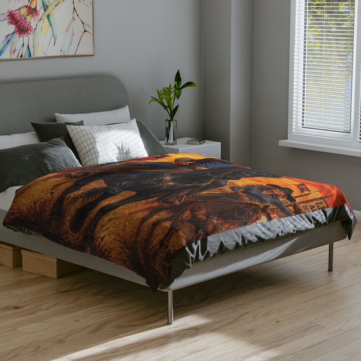 Cowboy Riders Blanket | Western Rodeo Sunset Velveteen Microfiber Blanket