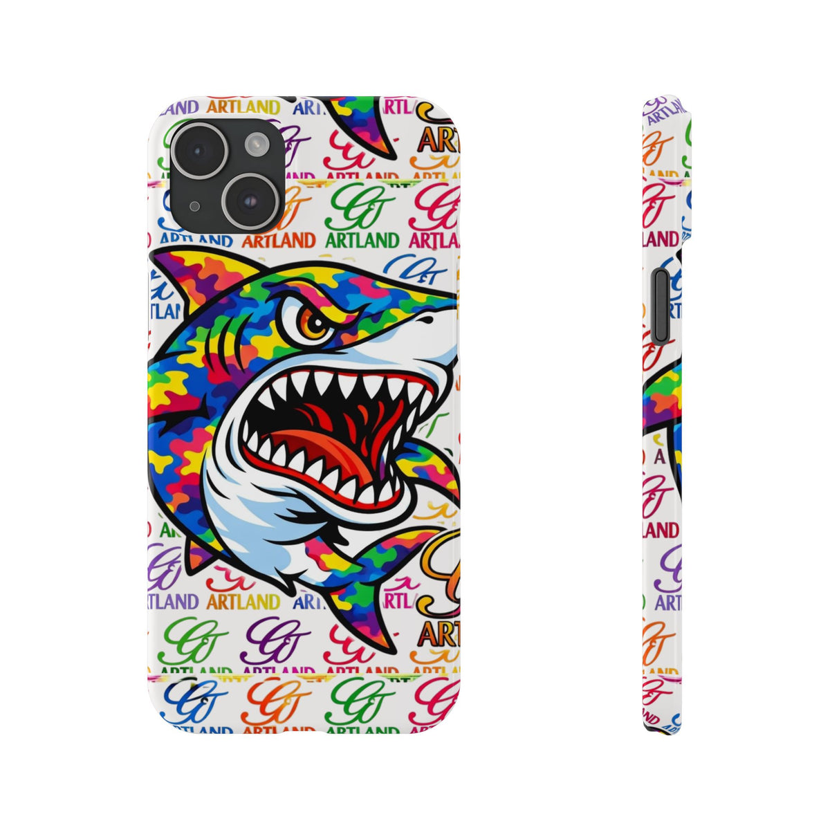 Colorful Camo Designer Shark GT Slim Phone Case | Vibrant Graphic, Artland Logo Background by GT Artland