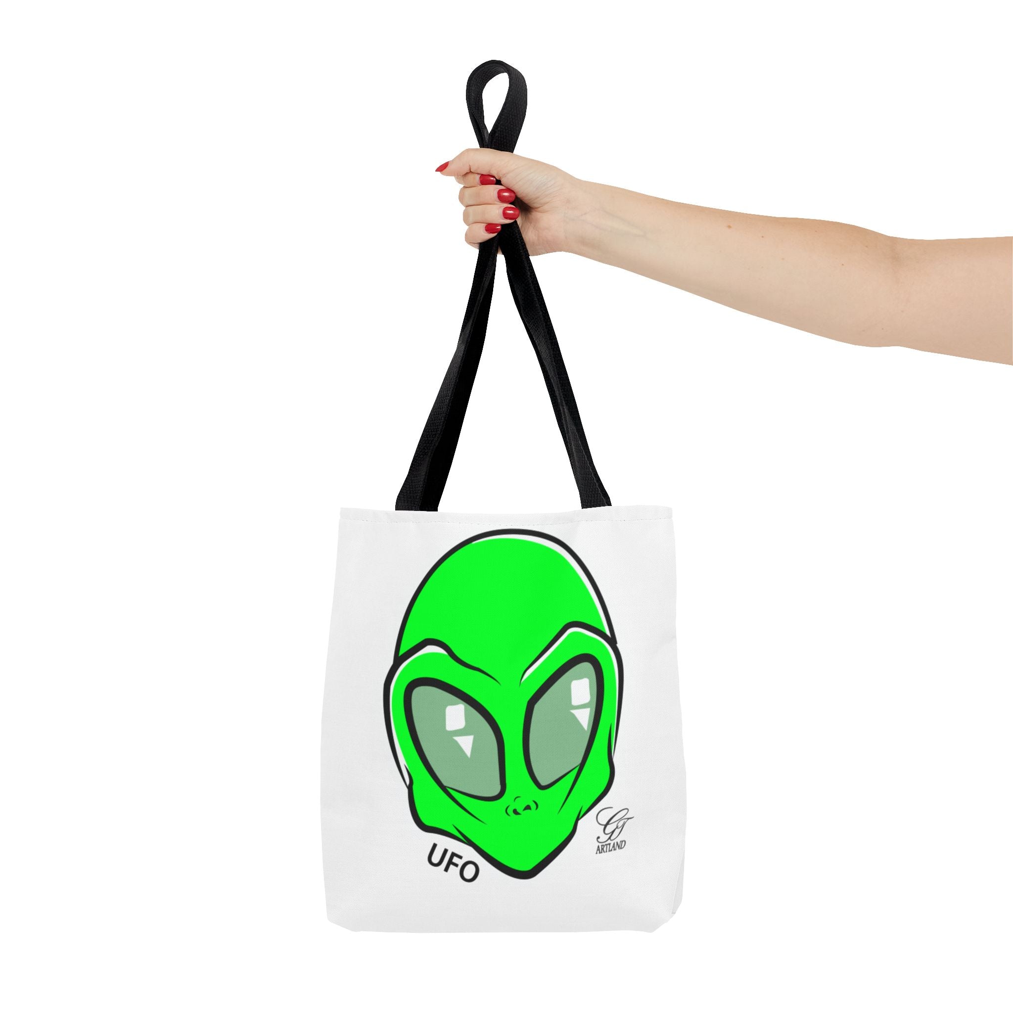 Alien UFO Tote Bag — Green Extraterrestrial Graphic Beach & Market Bag by GT Artland