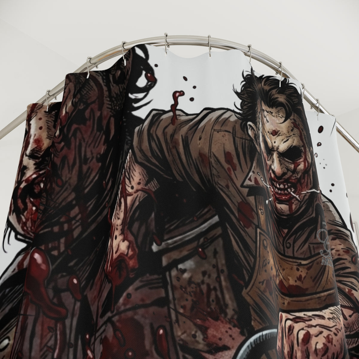 Leatherface Chainsaw Horror Shower Curtain | Bloody Slasher Bathroom Decor by GT Artland