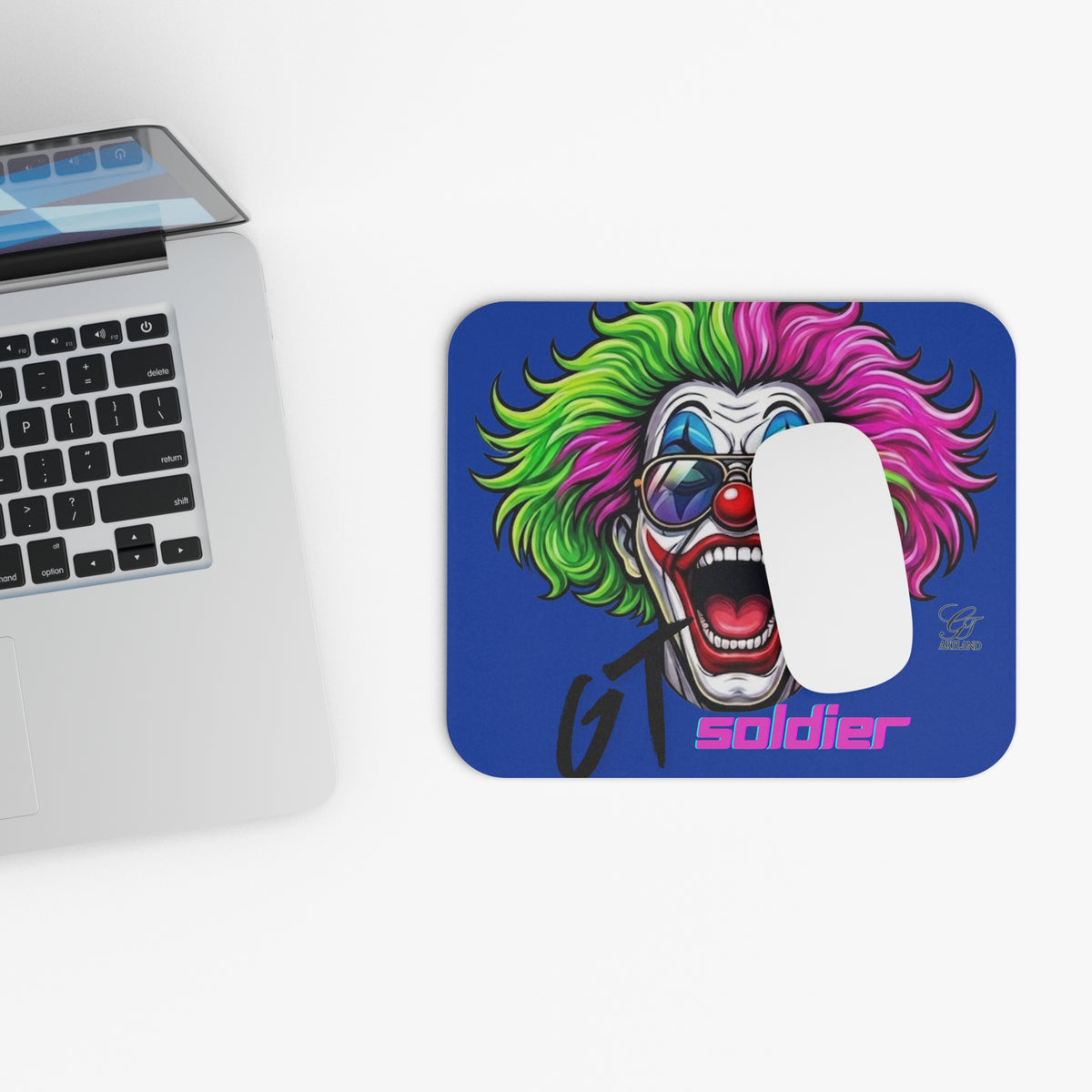 GT Soldier Fan Gear Neon Clown Face Mouse Pad | Colorful Joker Illustration by GT Artland