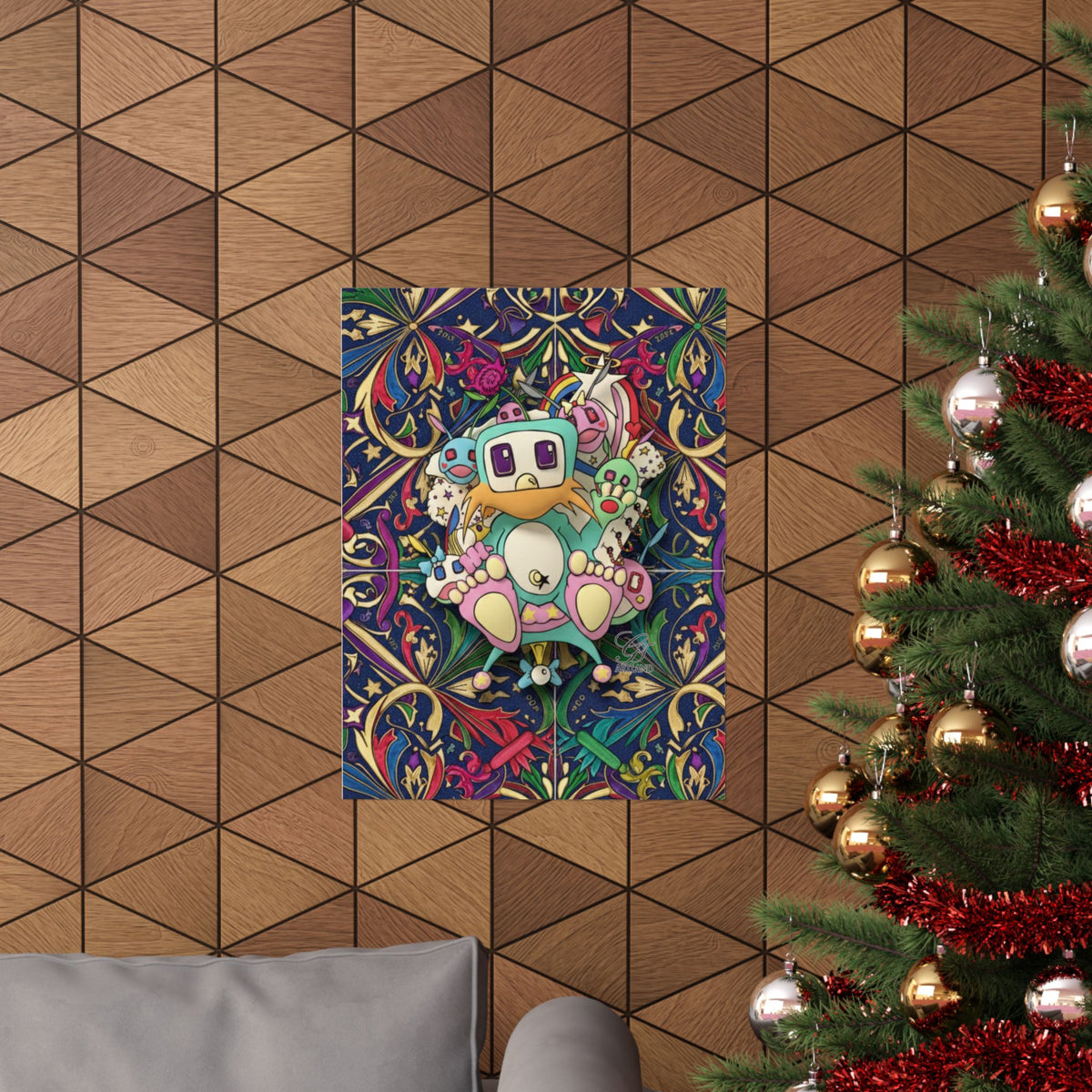 Cute Robot Poon Designer Poster | Matte Vertical Poster, Colorful Floral Pattern by GT Artland