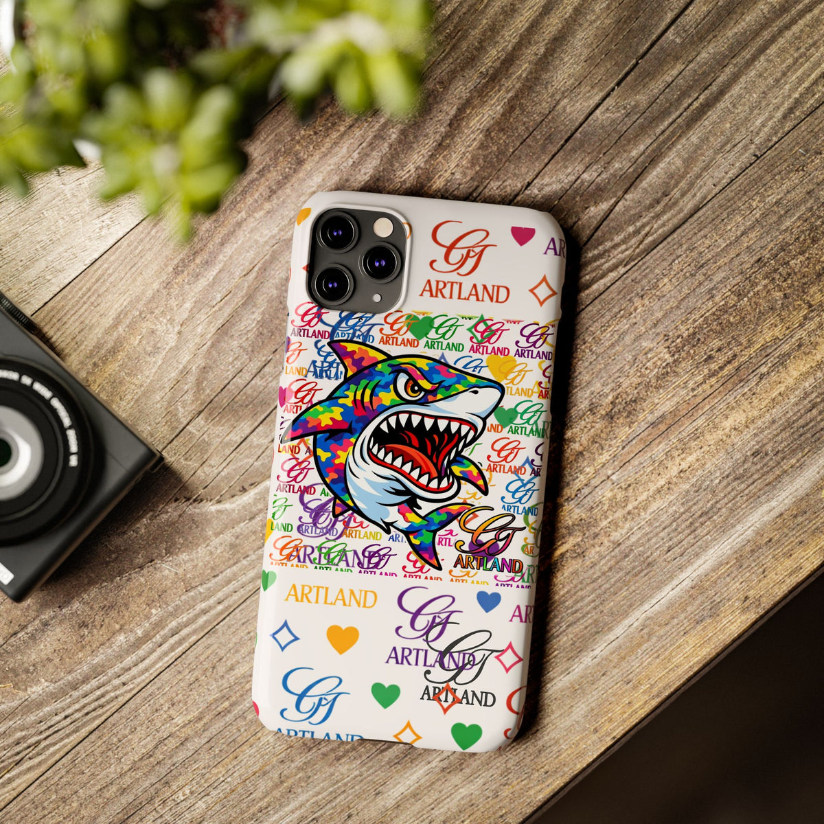 Colorful Designer Shark GT Illustration Slim Phone Case | Rainbow Logo Pattern by GT Artland