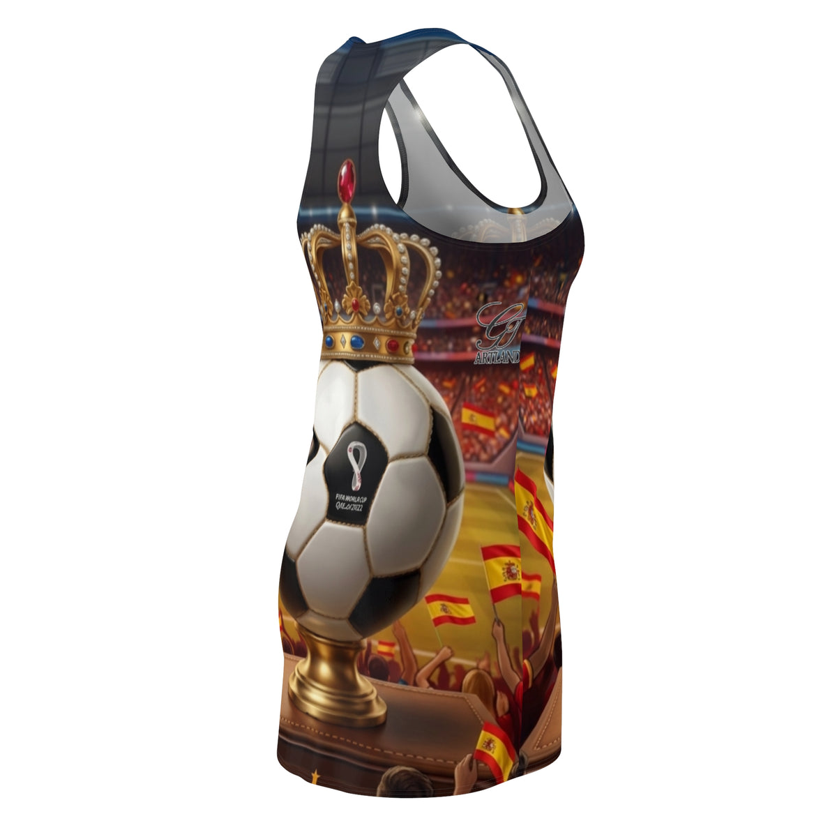 Spainard Soccer Ball Crown Designer Drip Racerback Dress | All Over Print by GT Artland