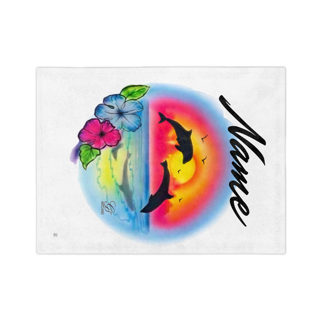 Airbrush Sunset Dolphins Velveteen Microfiber Blanket | Tropical Hibiscus Ocean Scene by GT Artland