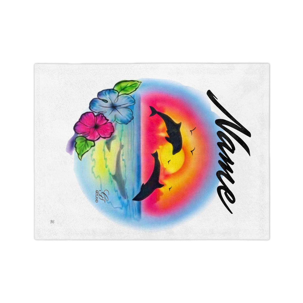 Airbrush Sunset Dolphins Velveteen Microfiber Blanket | Tropical Hibiscus Ocean Scene by GT Artland