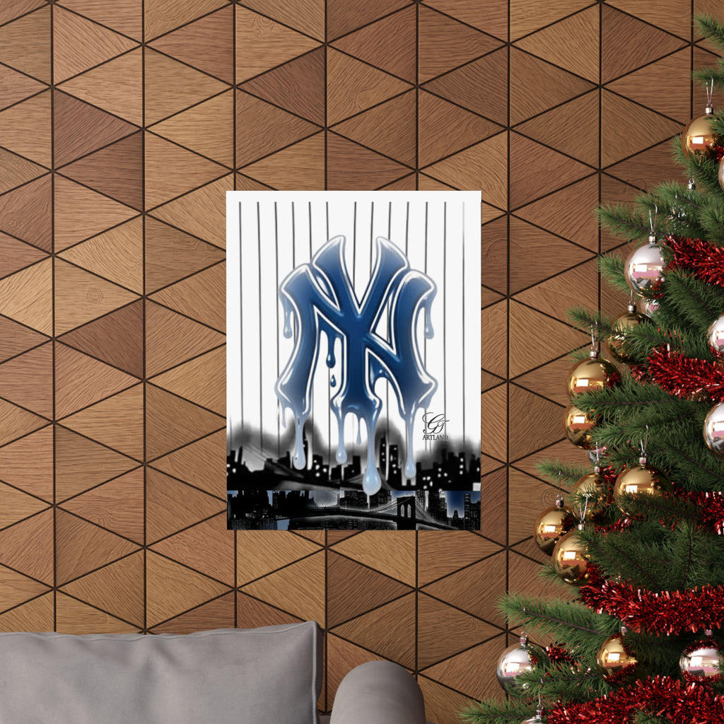 Dripping NY Logo Matte Vertical Poster | Baseball Pinstripe Art by GT Artland