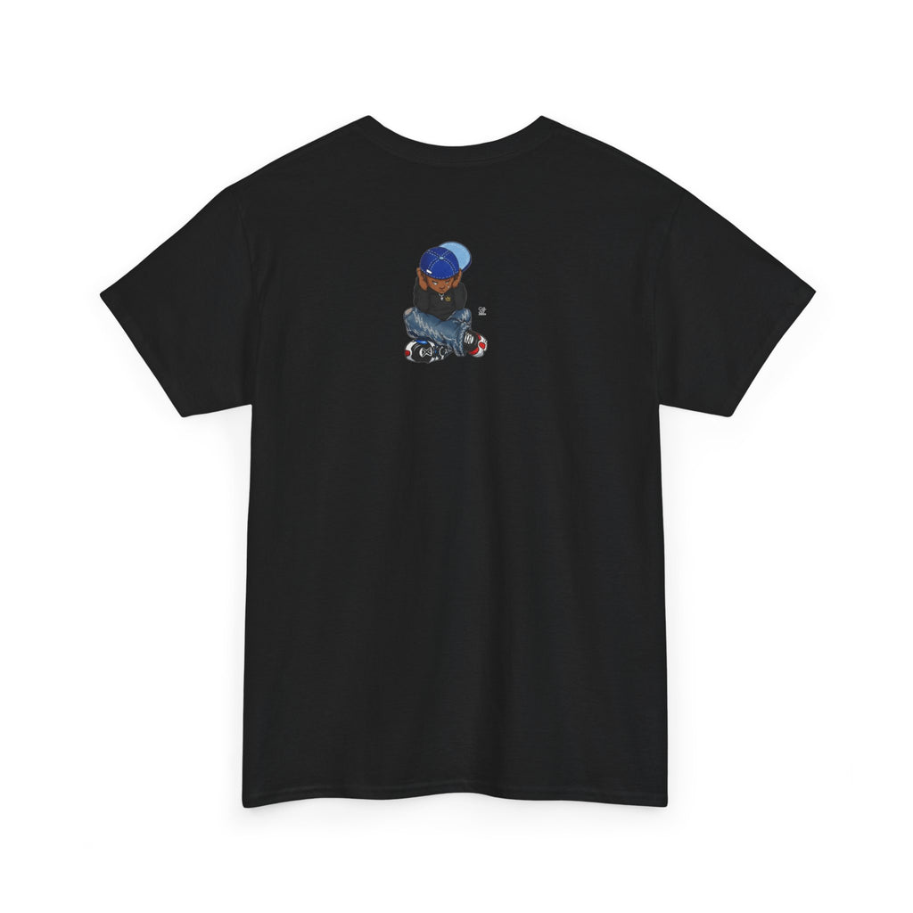 Ebony Sad Kid Illustration T-Shirt | Sitting Boy Graphic Tee b