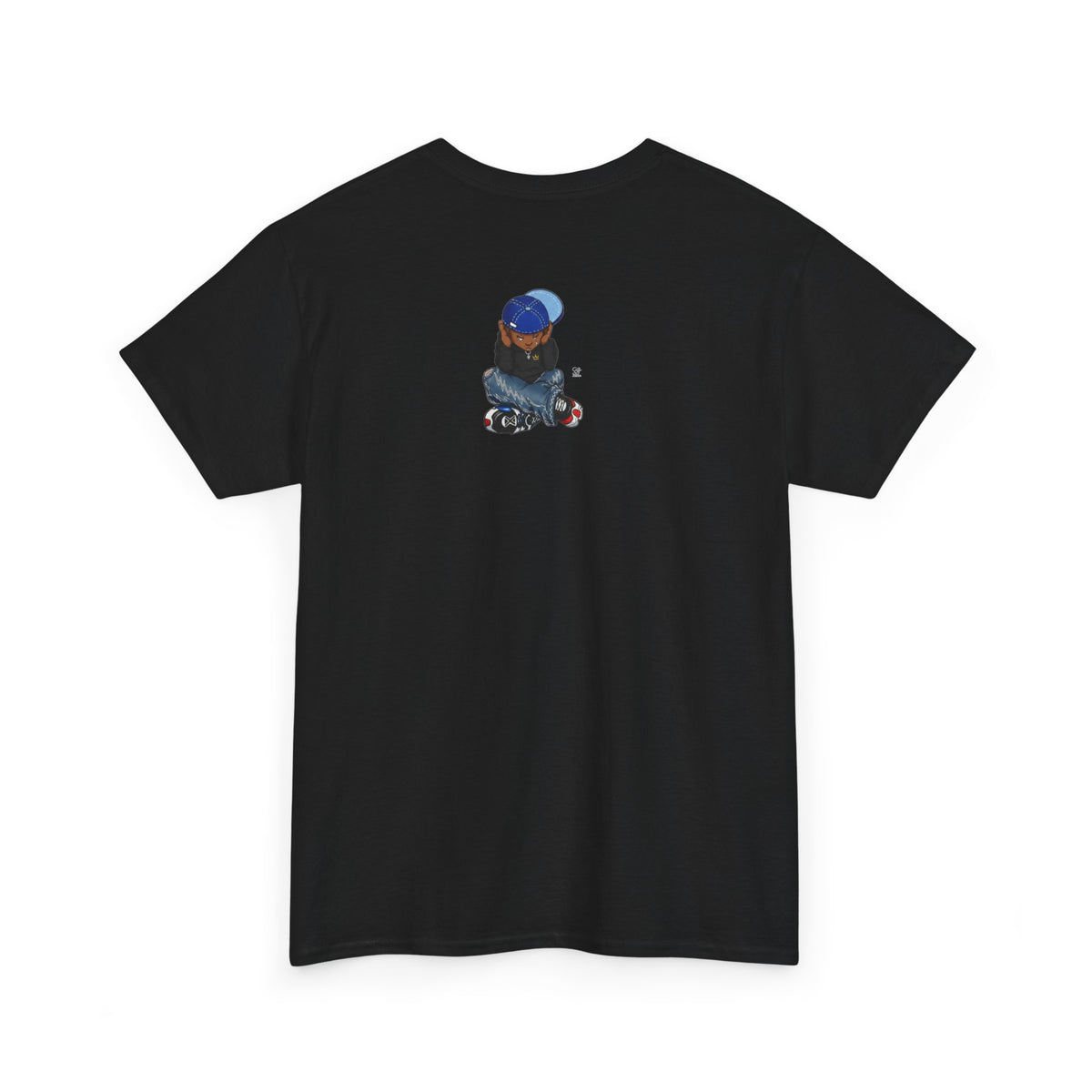 Ebony Sad Kid Illustration T-Shirt | Sitting Boy Graphic Tee b