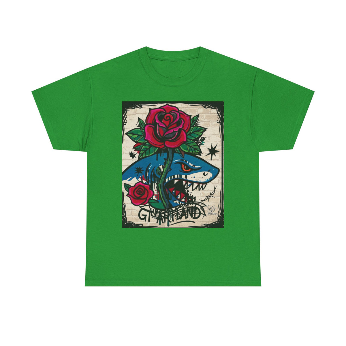 Shark with Red Rose T-Shirt | Nautical Tattoo Style Graphic Tee by GT Artland