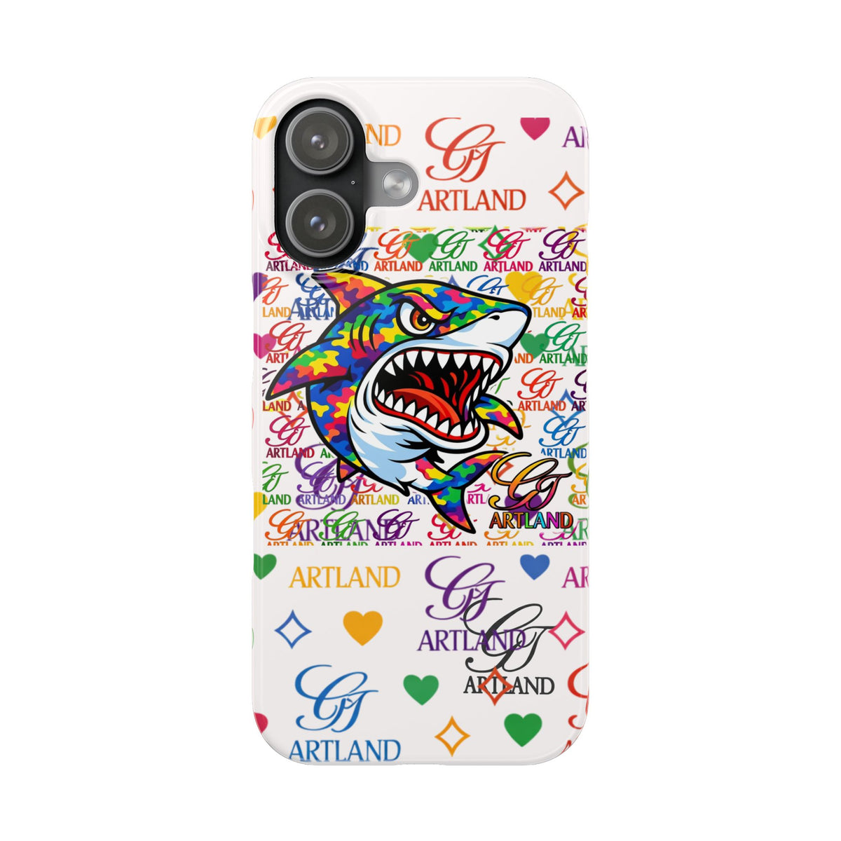 Colorful Designer Shark GT Illustration Slim Phone Case | Rainbow Logo Pattern by GT Artland