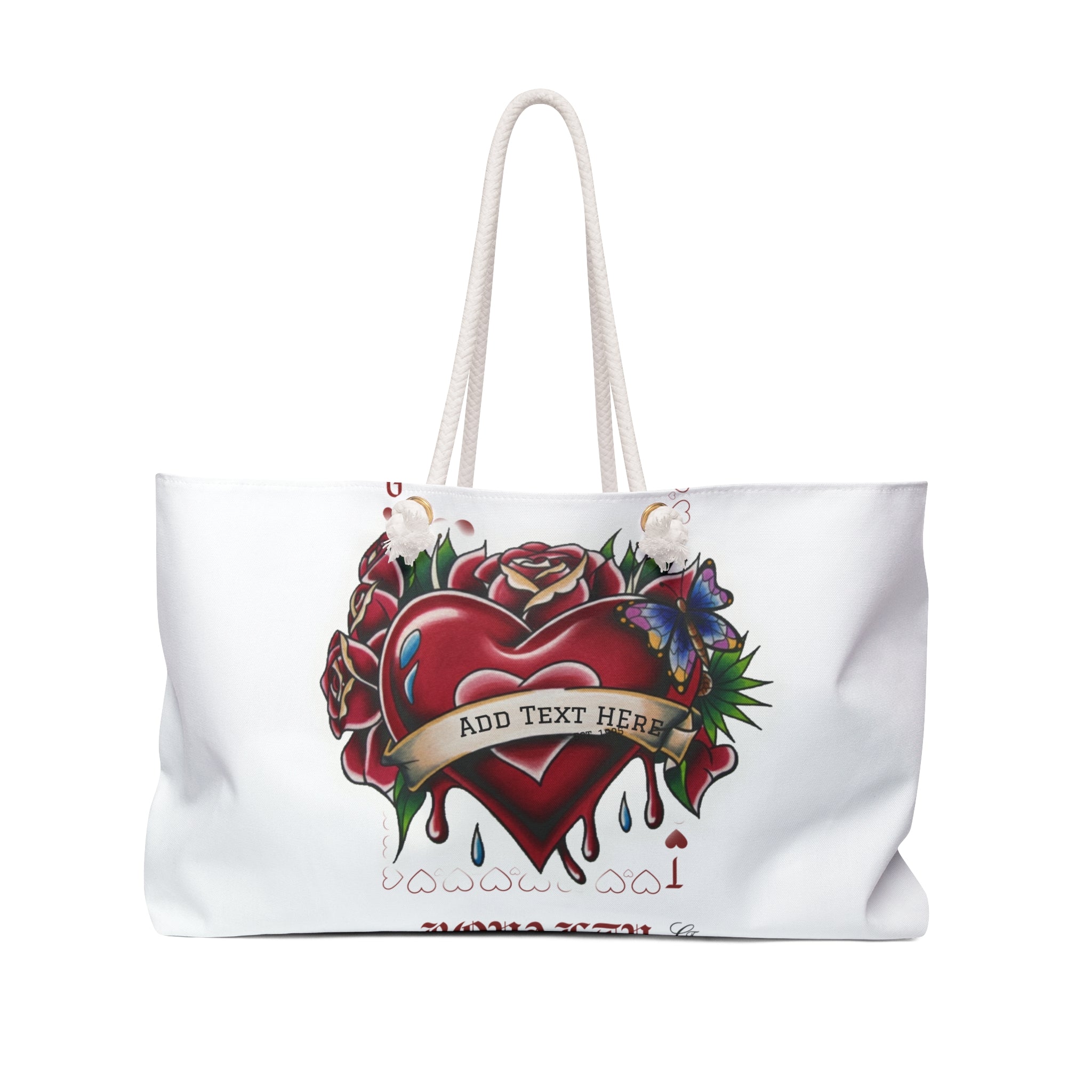Traditional Tattoo Heart Vintage Designer Rose Art Weekender Bag | Custom Name Banner, Roses & Butterfly by GT Artland