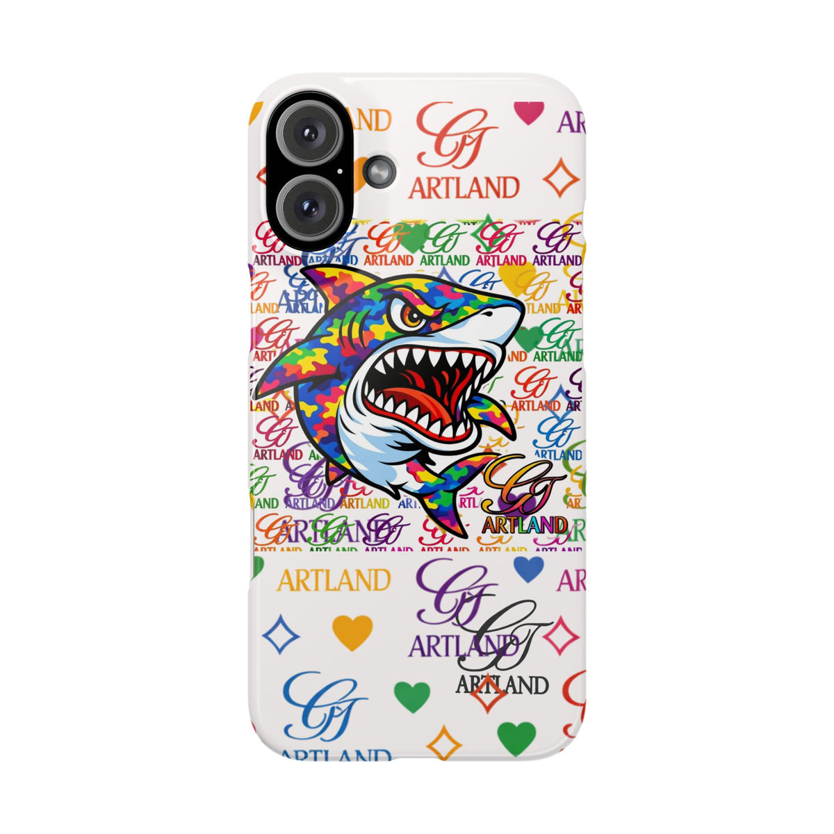 Colorful Designer Shark GT Illustration Slim Phone Case | Rainbow Logo Pattern by GT Artland