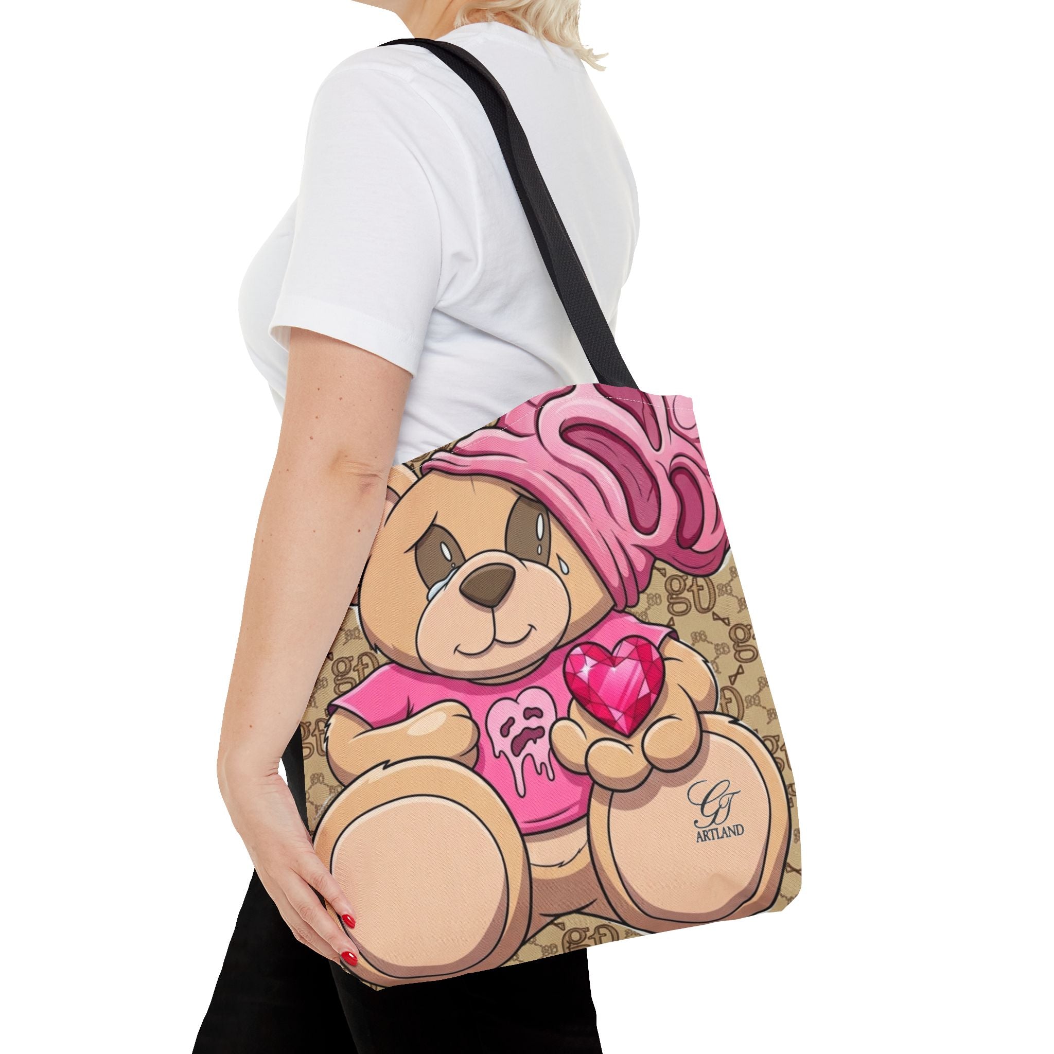 Cute Teddy Heart Tote Bag – Pink Teddy Holding Tote Bag by GT Artland
