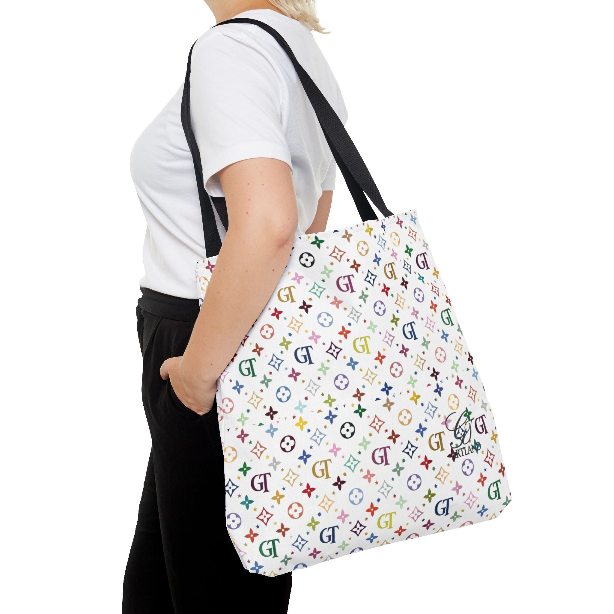 Monogram Rainbow Designer Elite Pattern Tote Bag – Colorful All-Over Print Everyday Tote by GT Artland