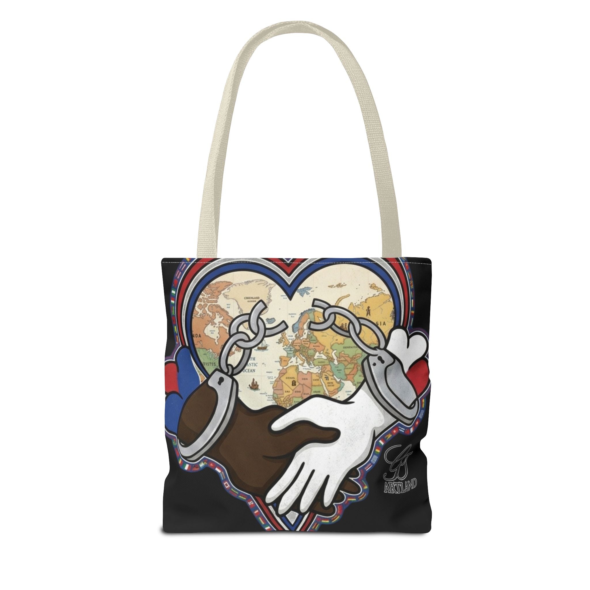 Interracial Unity Heart Handcuffs Tote Bag | All-Over Print by GT Artland