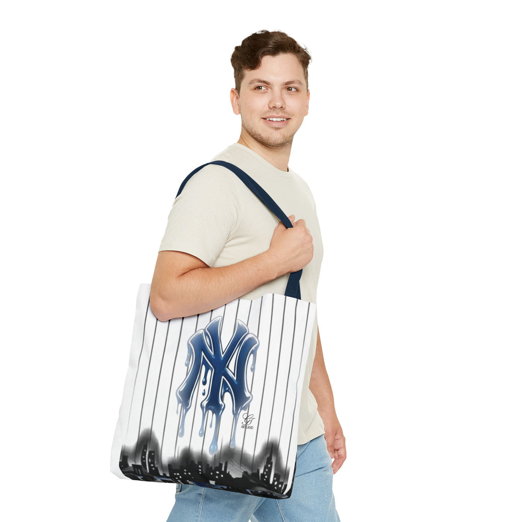 Drip NY Fan Gear Logo Pinstripe Tote Bag — Urban Baseball Cityscape by GT Artland